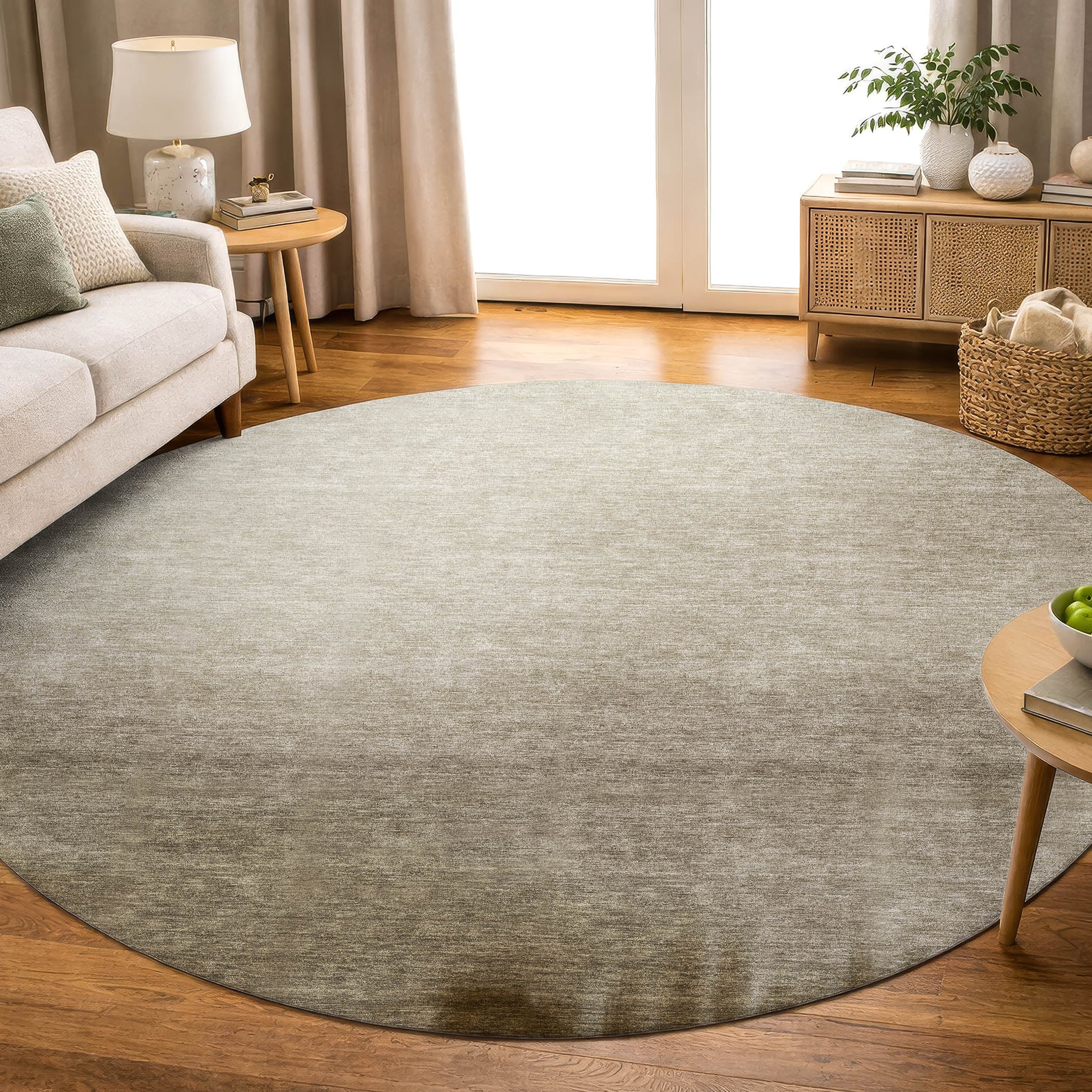 Antigua Machine Washable Transitional Khaki Brown Rug 8' x 8' #shape_Round