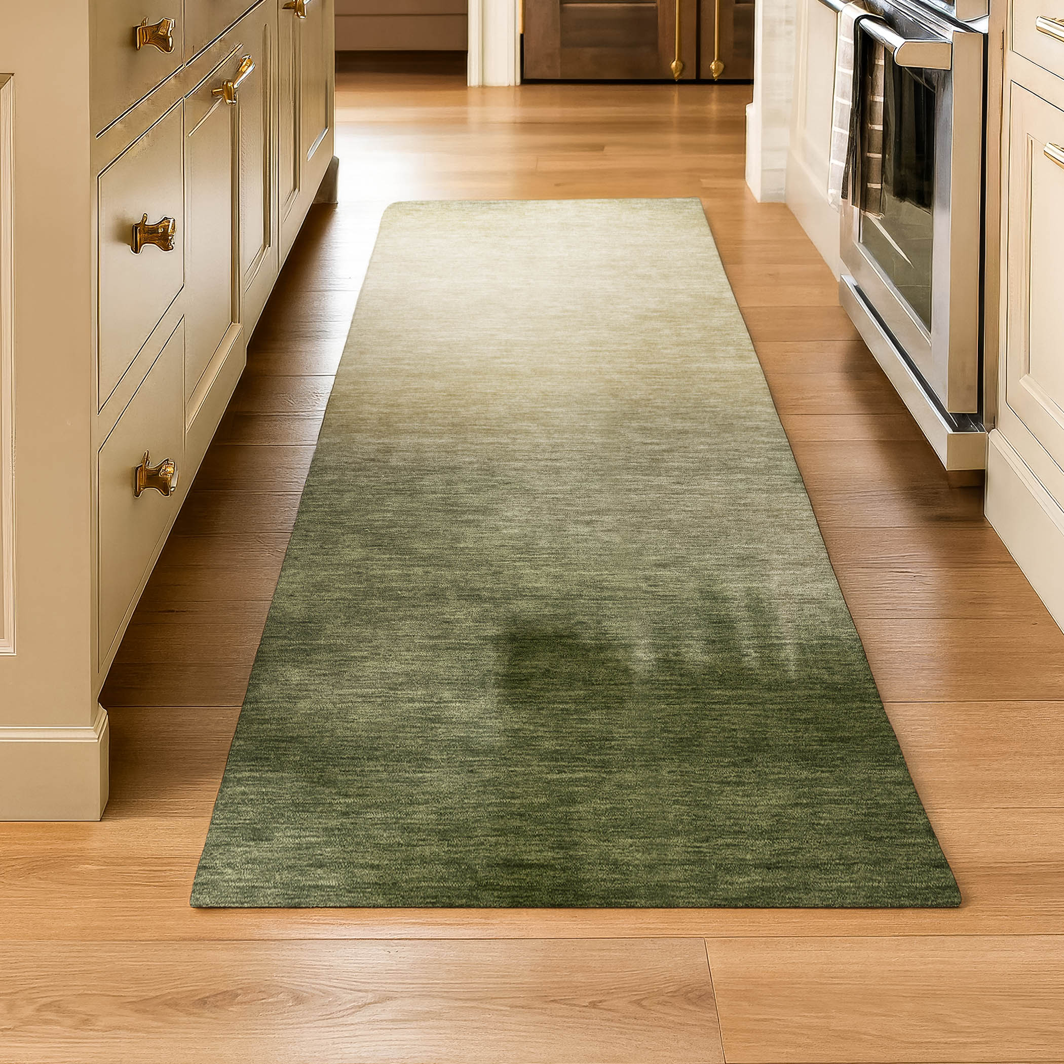 Antigua Machine Washable Transitional Olive Green Rug 2'3" x 7'6" #shape_Runner