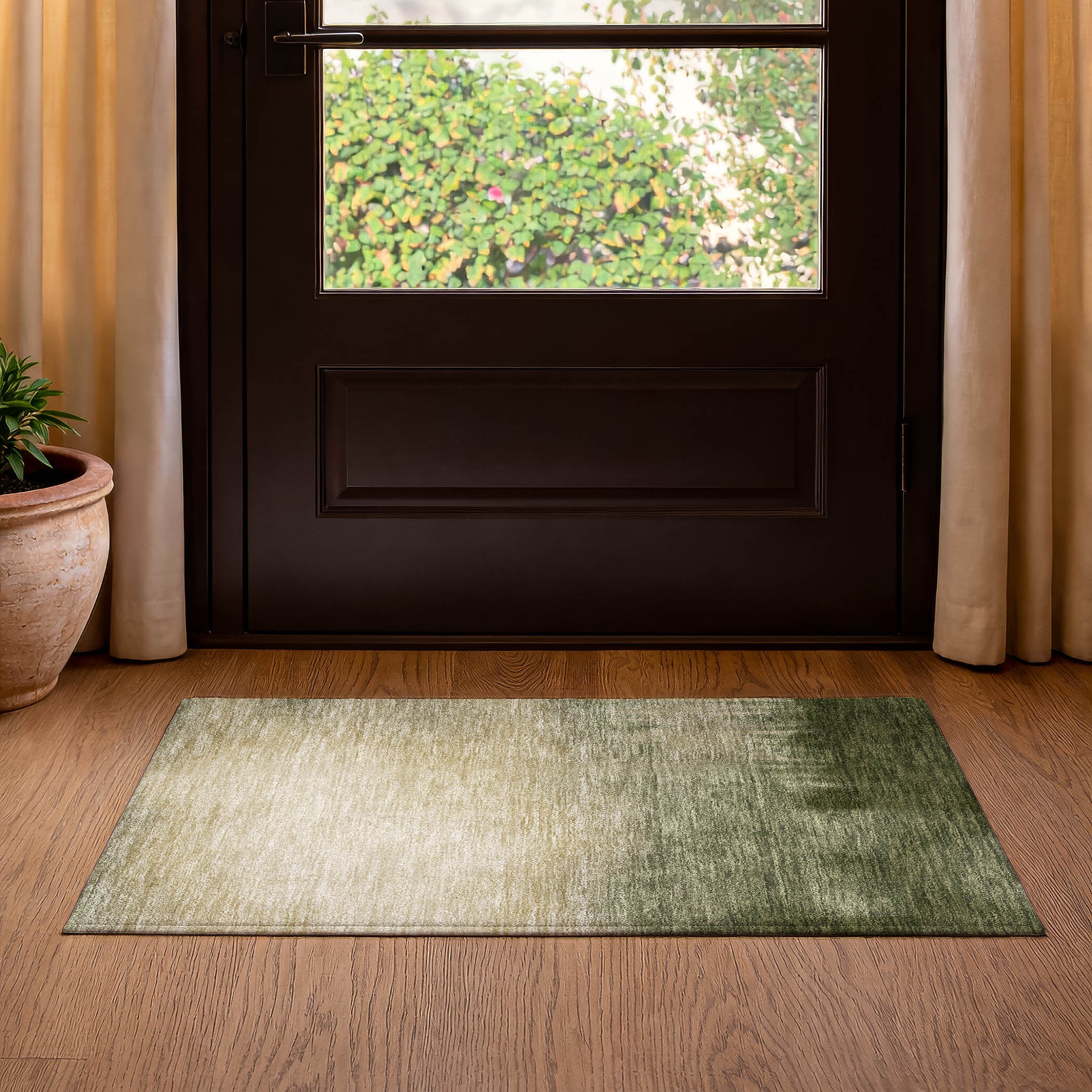 Antigua Machine Washable Transitional Olive Green Rug 1'8" x 2'6" #shape_Rectangle
