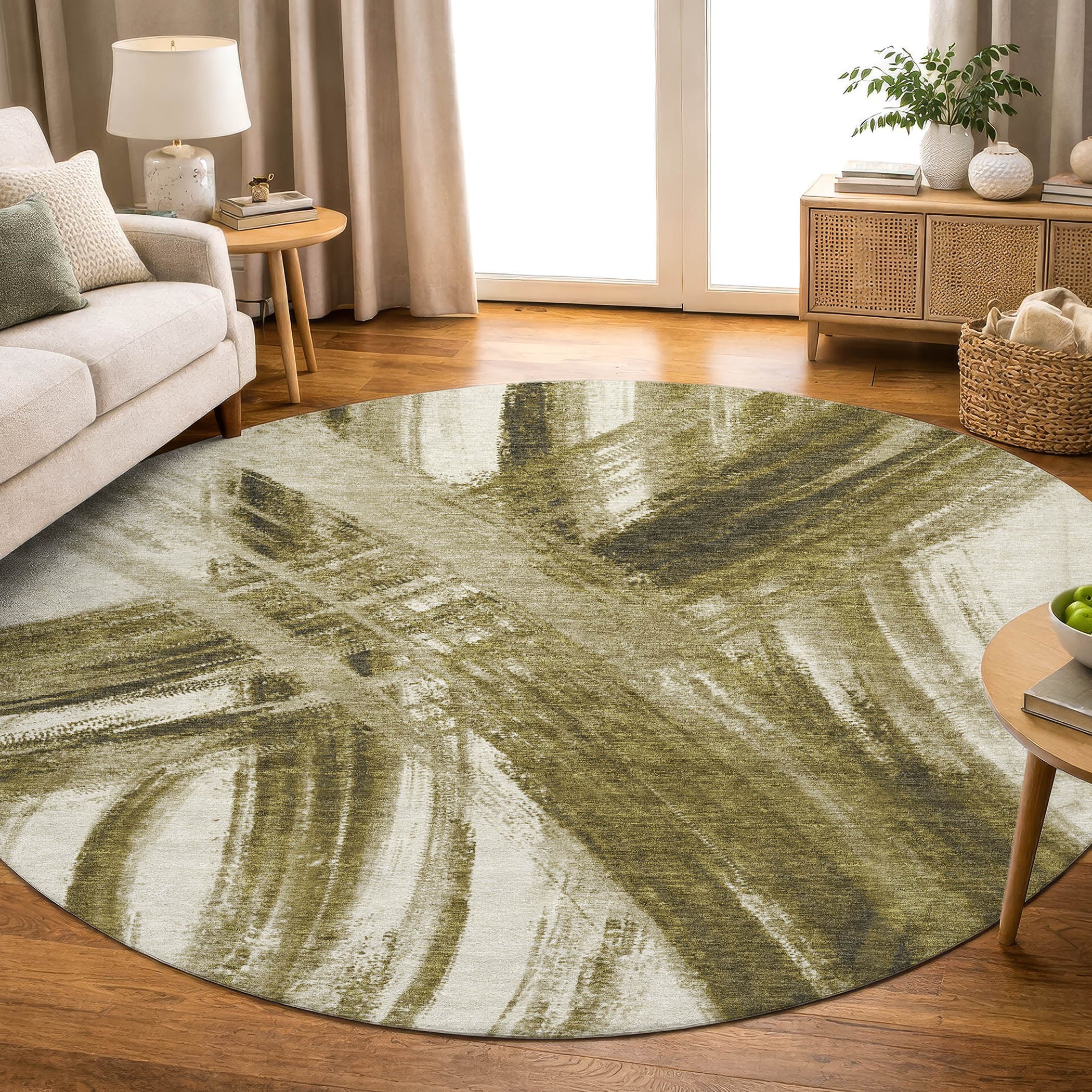 Seville Machine Washable Transitional Khaki Brown Rug 8' x 8' #shape_Round