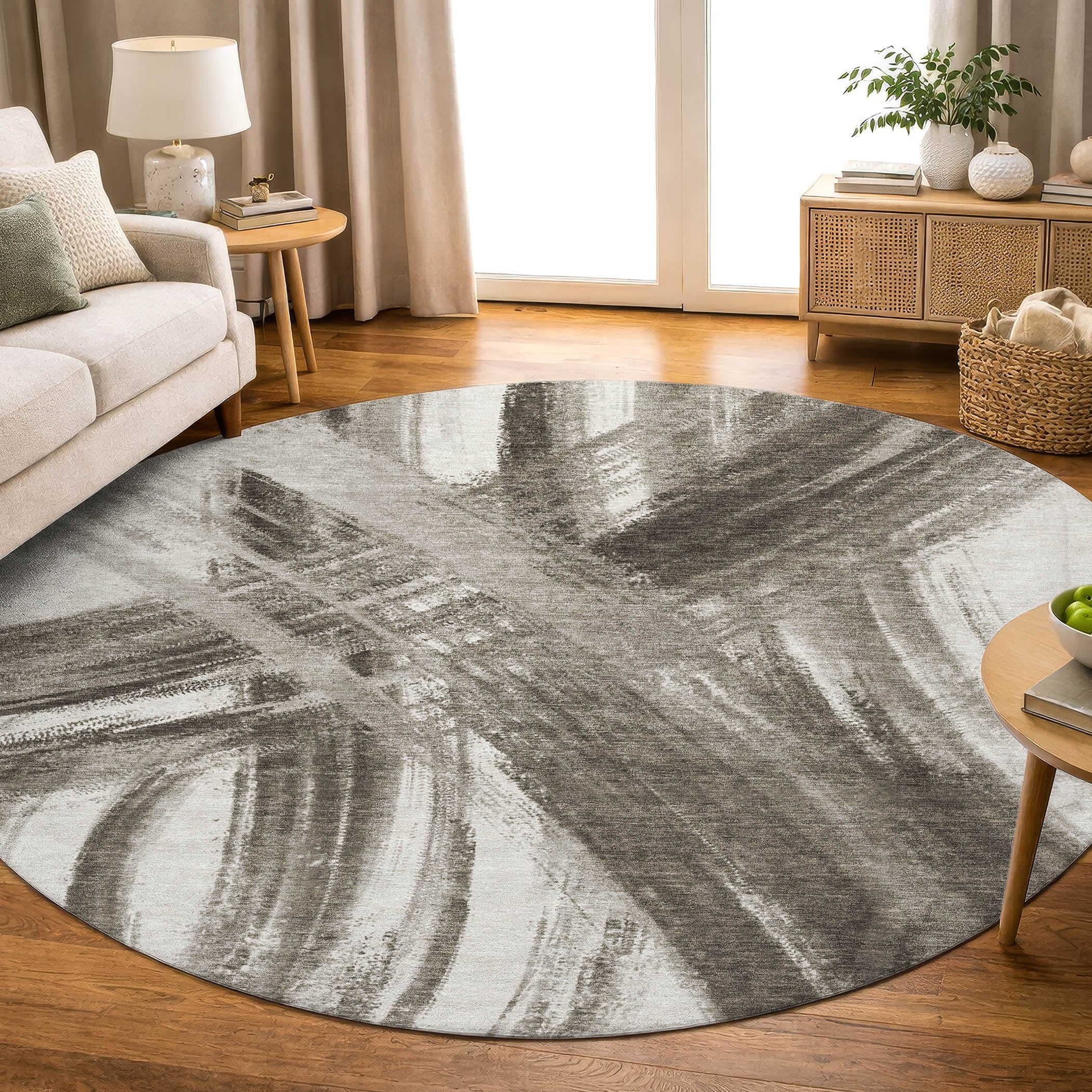 Seville Machine Washable Transitional Taupe Brown Rug 8' x 8' #shape_Round