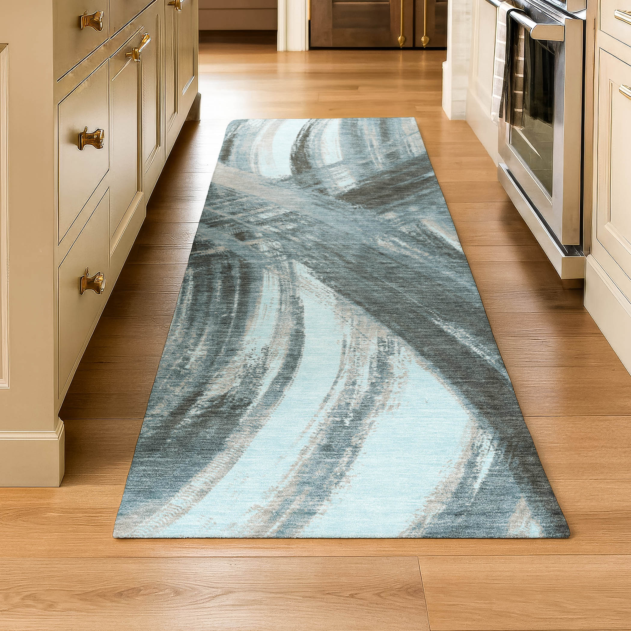 Seville Machine Washable Transitional Teal Rug 2'3" x 7'6" #shape_Runner
