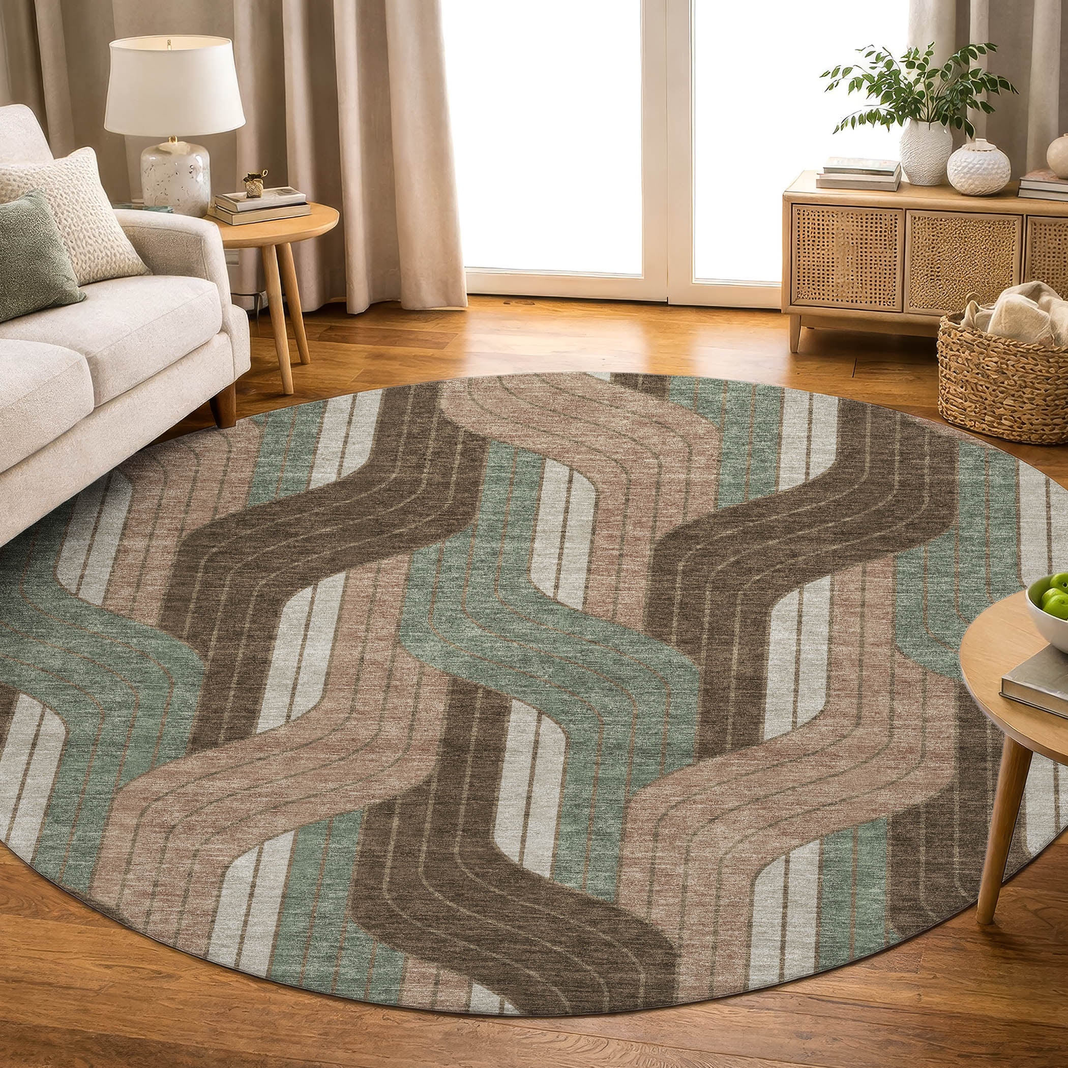 Mdina Machine Washable Transitional Chocolate Brown Rug 8' x 8' #shape_Round