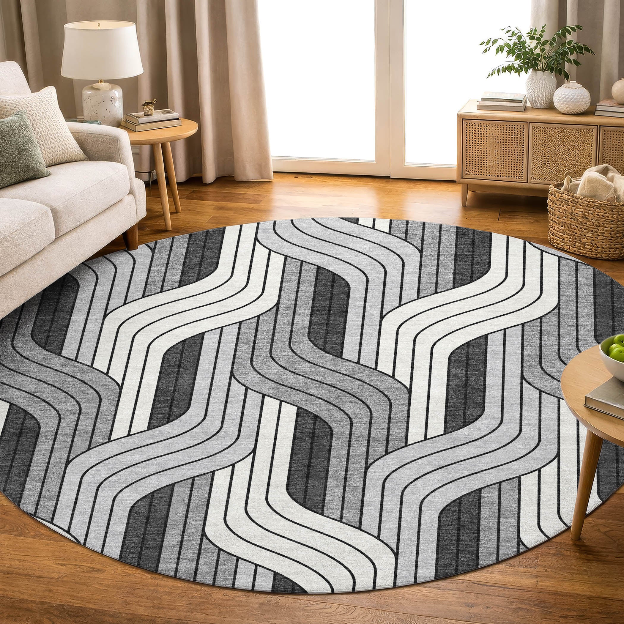 Mdina Machine Washable Transitional Ivory Rug 8' x 8' #shape_Round