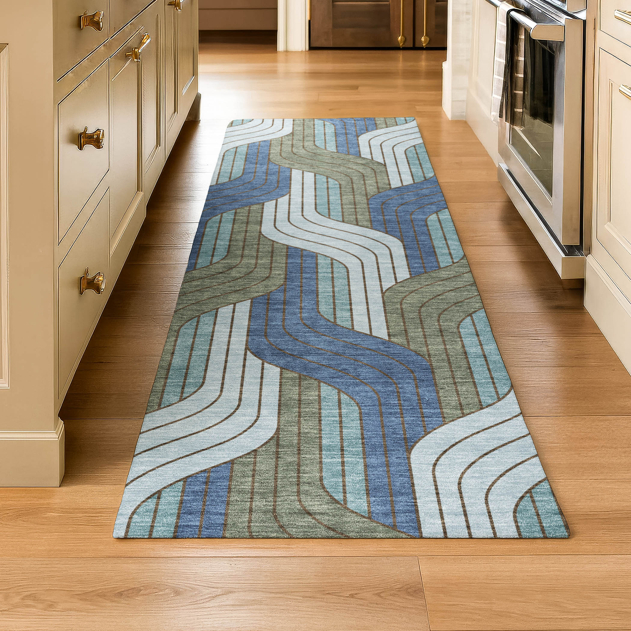 Mdina Machine Washable Transitional Navy Blue Rug 2'3" x 7'6" #shape_Runner