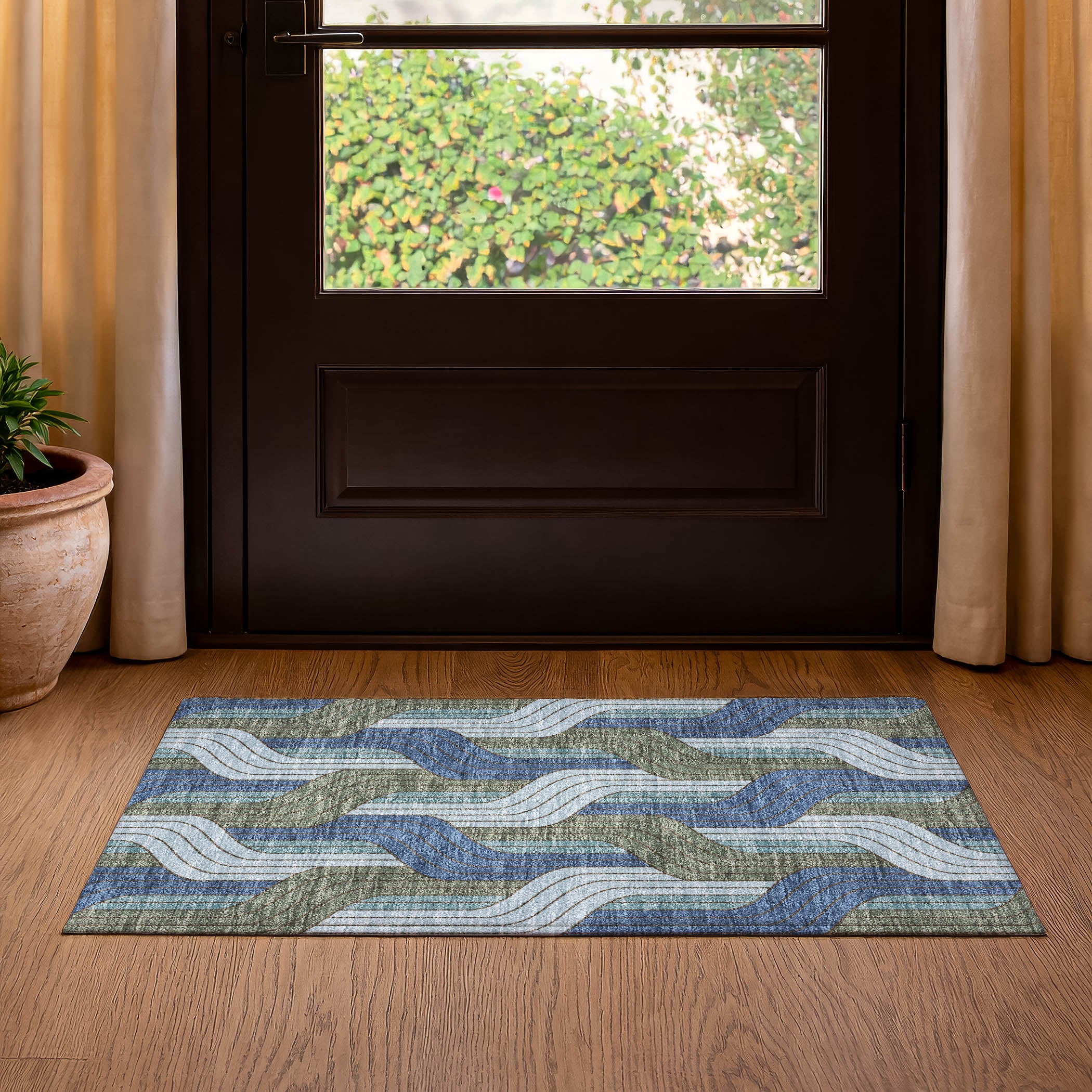 Mdina Machine Washable Transitional Navy Blue Rug 1'8" x 2'6" #shape_Rectangle