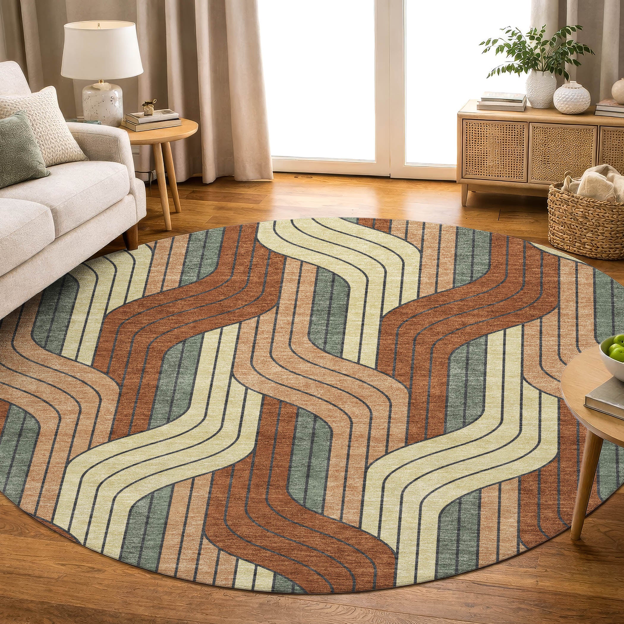 Mdina Machine Washable Transitional Paprika Orange Rug 8' x 8' #shape_Round