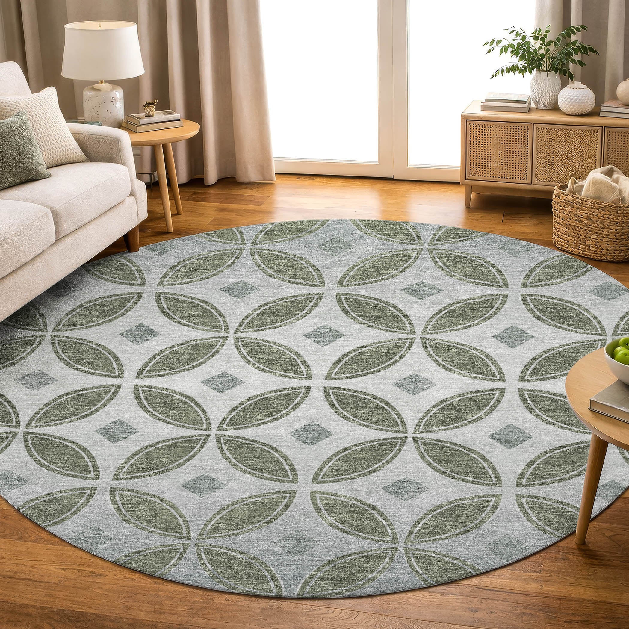 Chiang Mai Machine Washable Transitional Basil Green Rug 8' x 8' #shape_Round