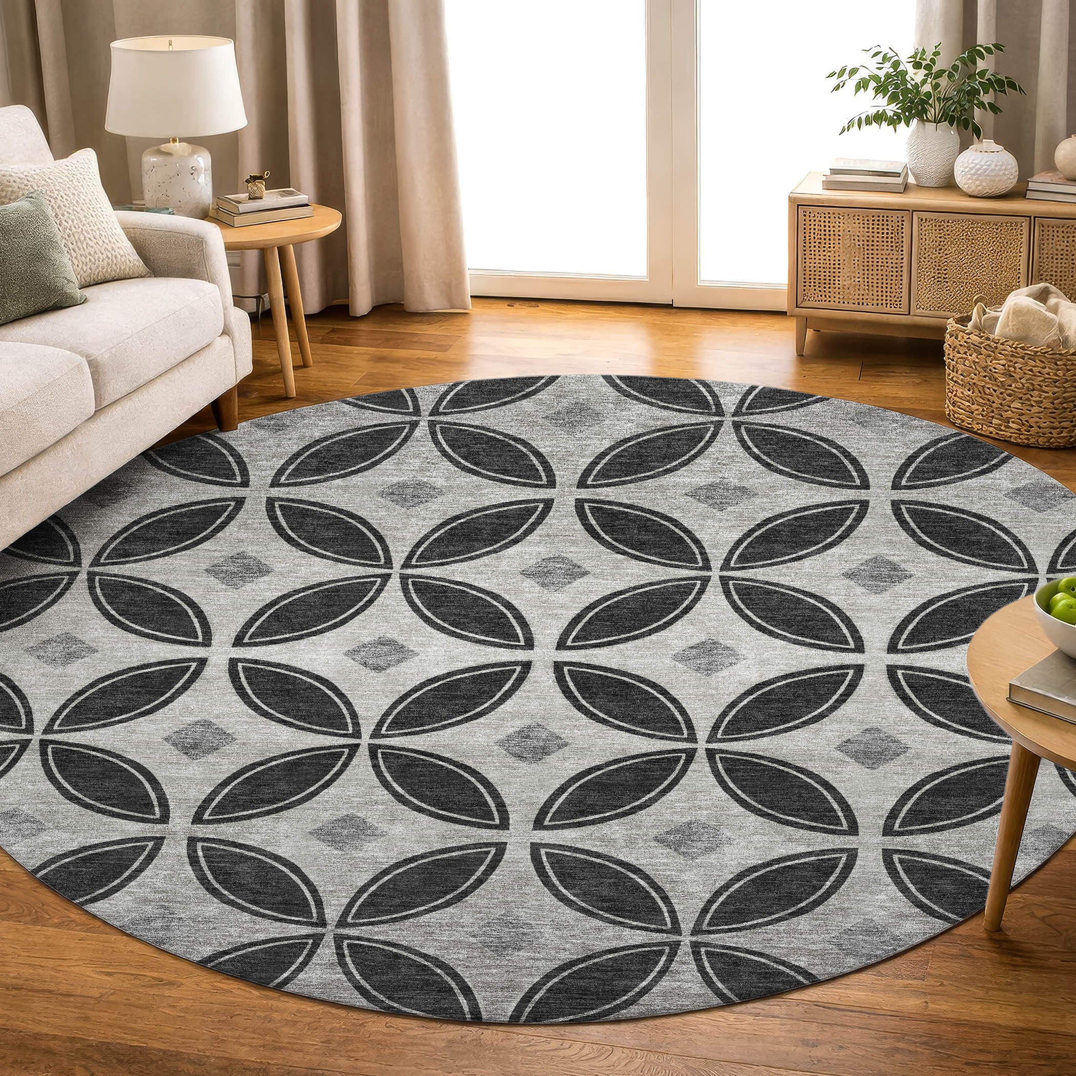 Chiang Mai Machine Washable Transitional Black Rug 8' x 8' #shape_Round