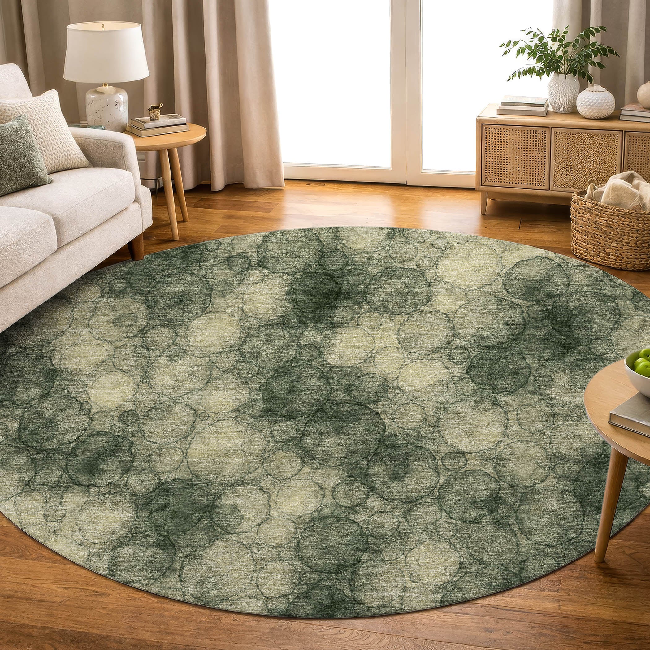 Tallinn Machine Washable Transitional Basil Green Rug 8' x 8' #shape_Round