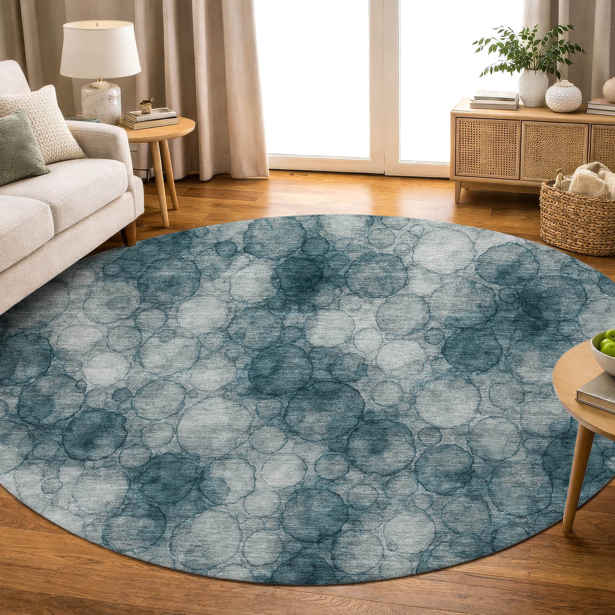 Tallinn Machine Washable Transitional Turquoise Teal Rug 8' x 8' #shape_Round