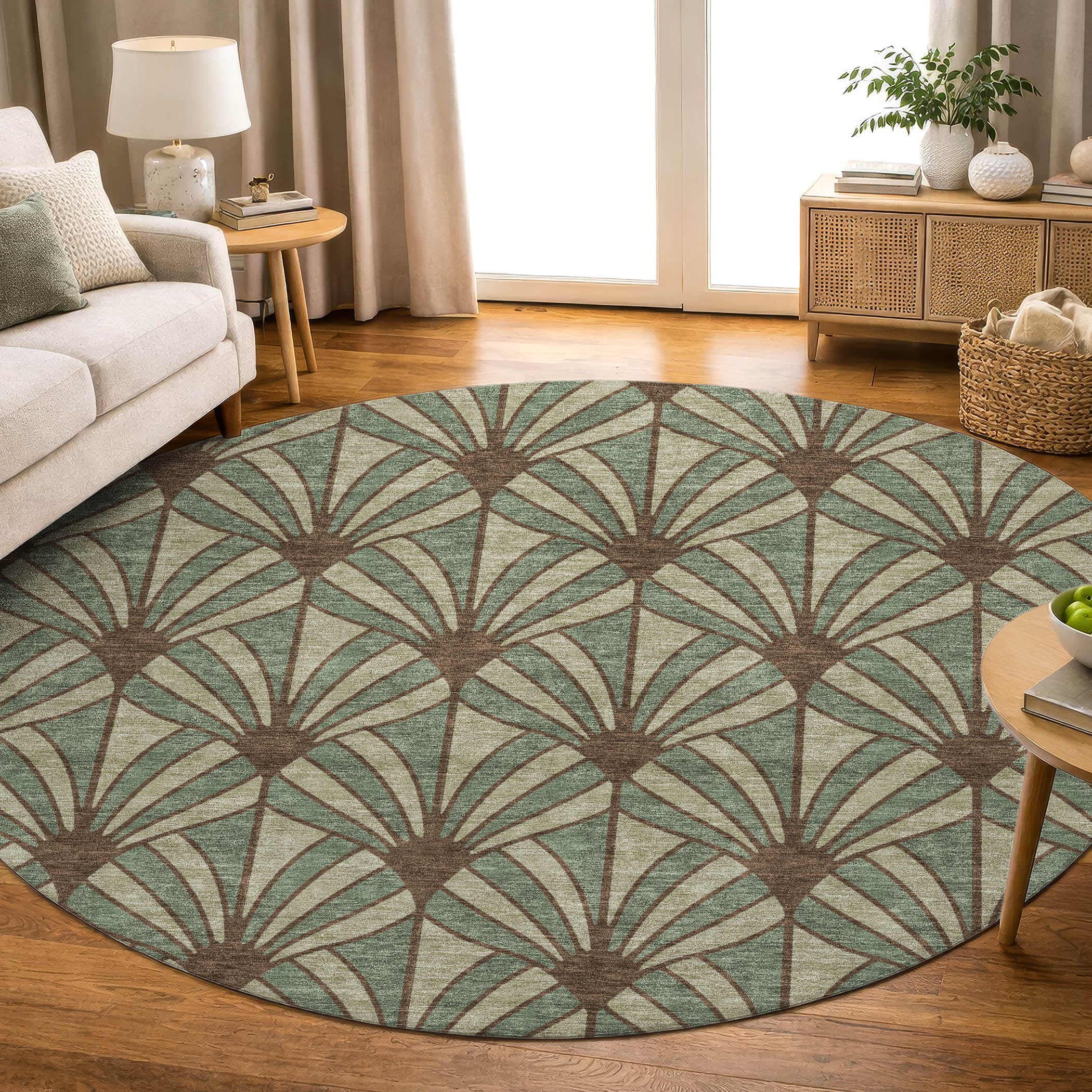Zanzibar Machine Washable Transitional Basil Green Rug 8' x 8' #shape_Round