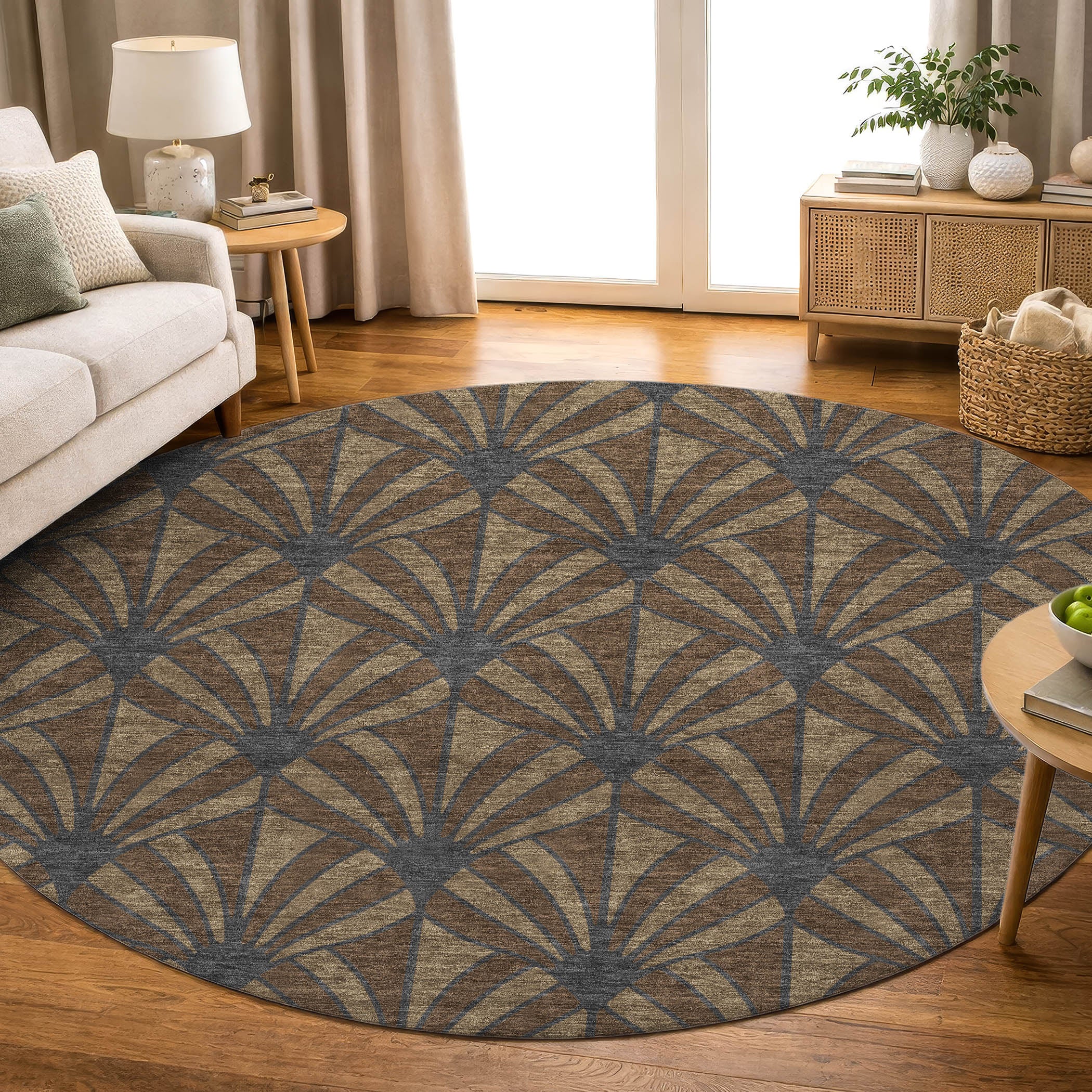 Zanzibar Machine Washable Transitional Chocolate Brown Rug 8' x 8' #shape_Round