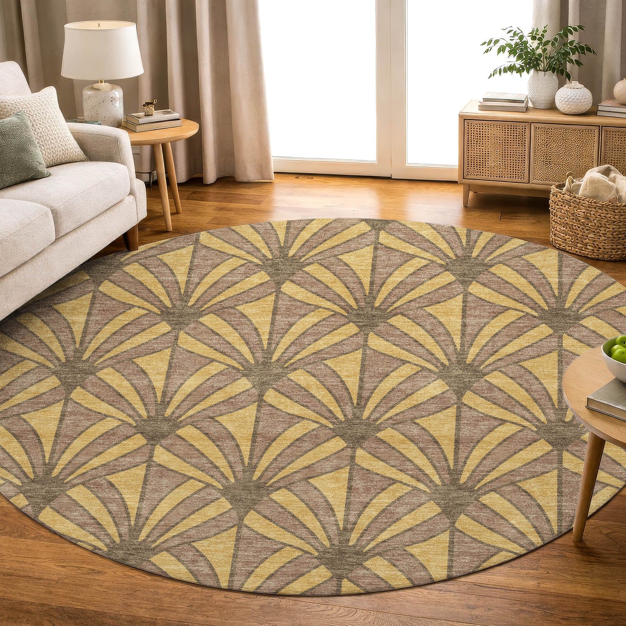 Zanzibar Machine Washable Transitional Gold Rug 8' x 8' #shape_Round