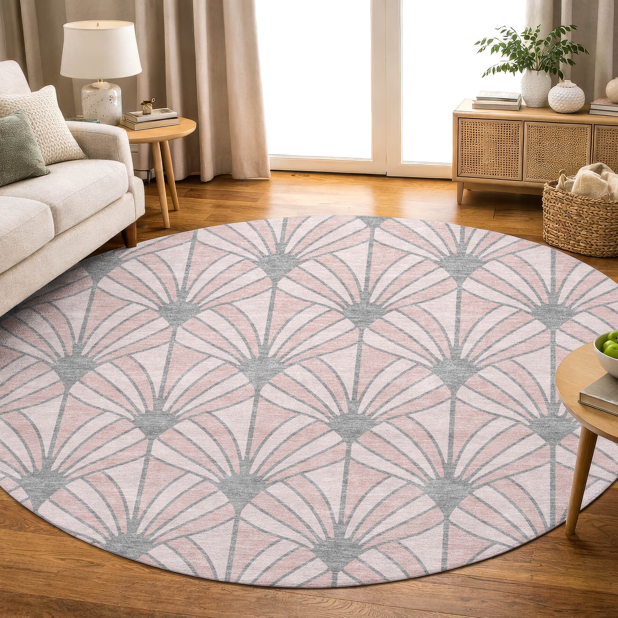 Zanzibar Machine Washable Transitional Pink Rug 8' x 8' #shape_Round