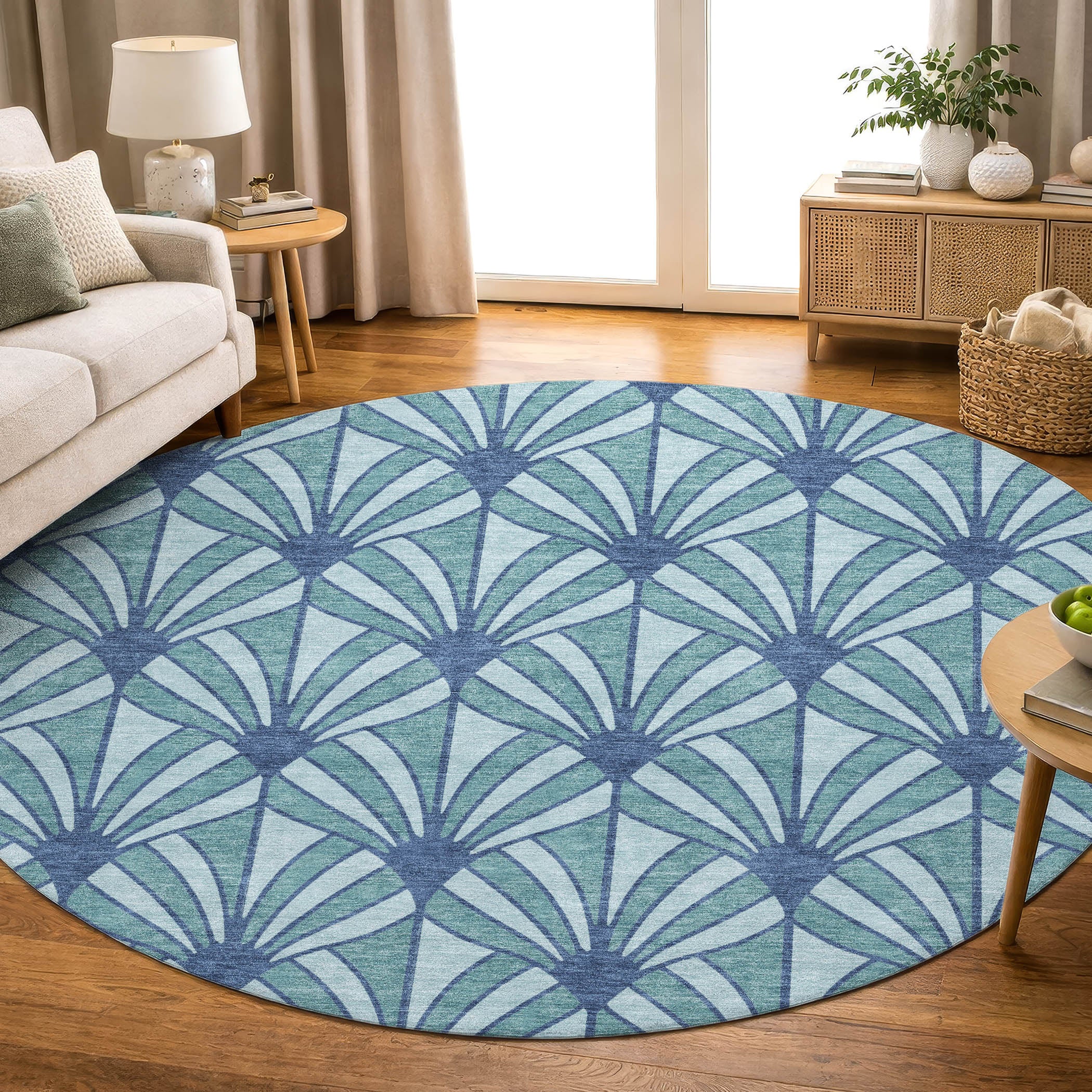 Zanzibar Machine Washable Transitional Teal Rug 8' x 8' #shape_Round