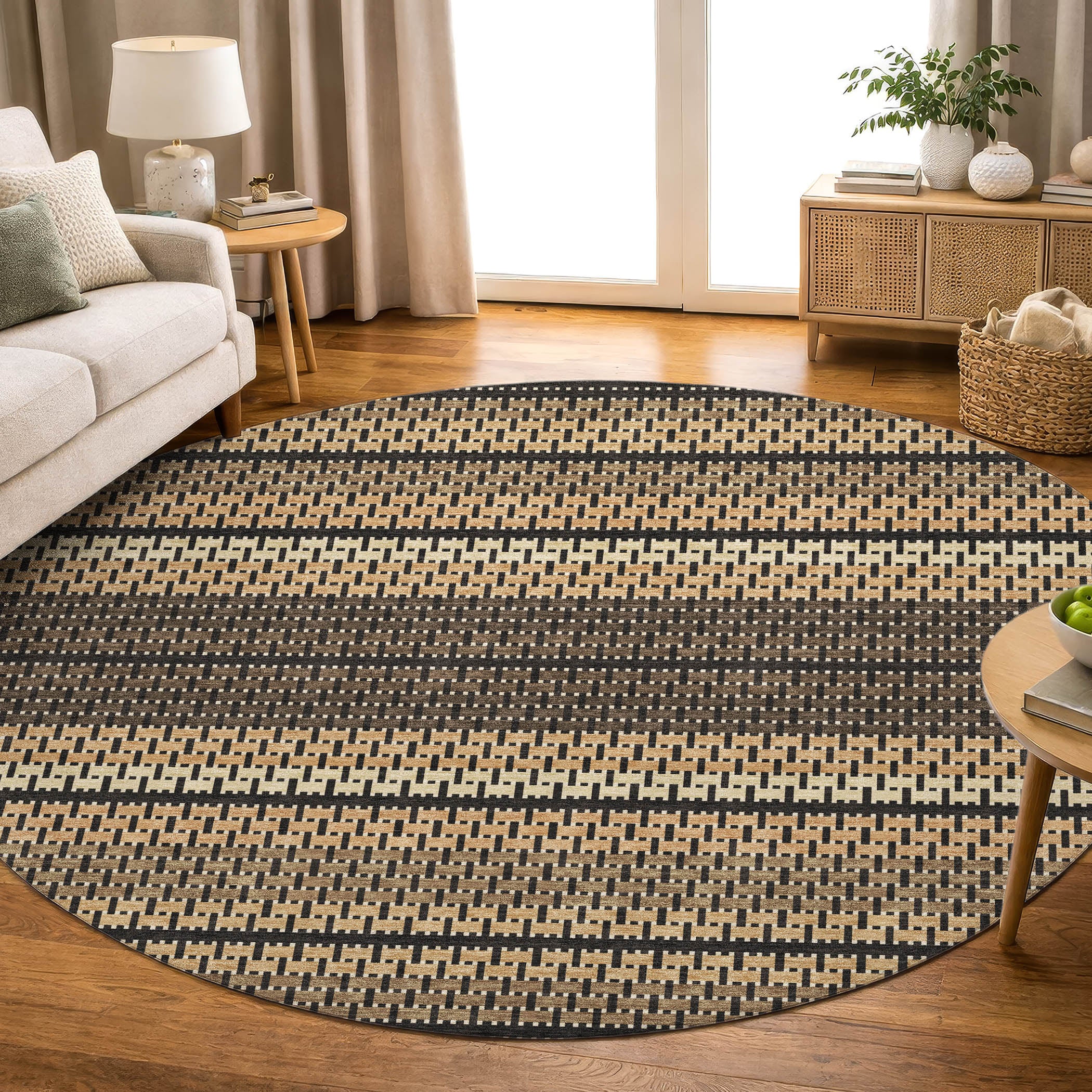 Seoul Machine Washable Transitional Gold Rug 8' x 8' #shape_Round