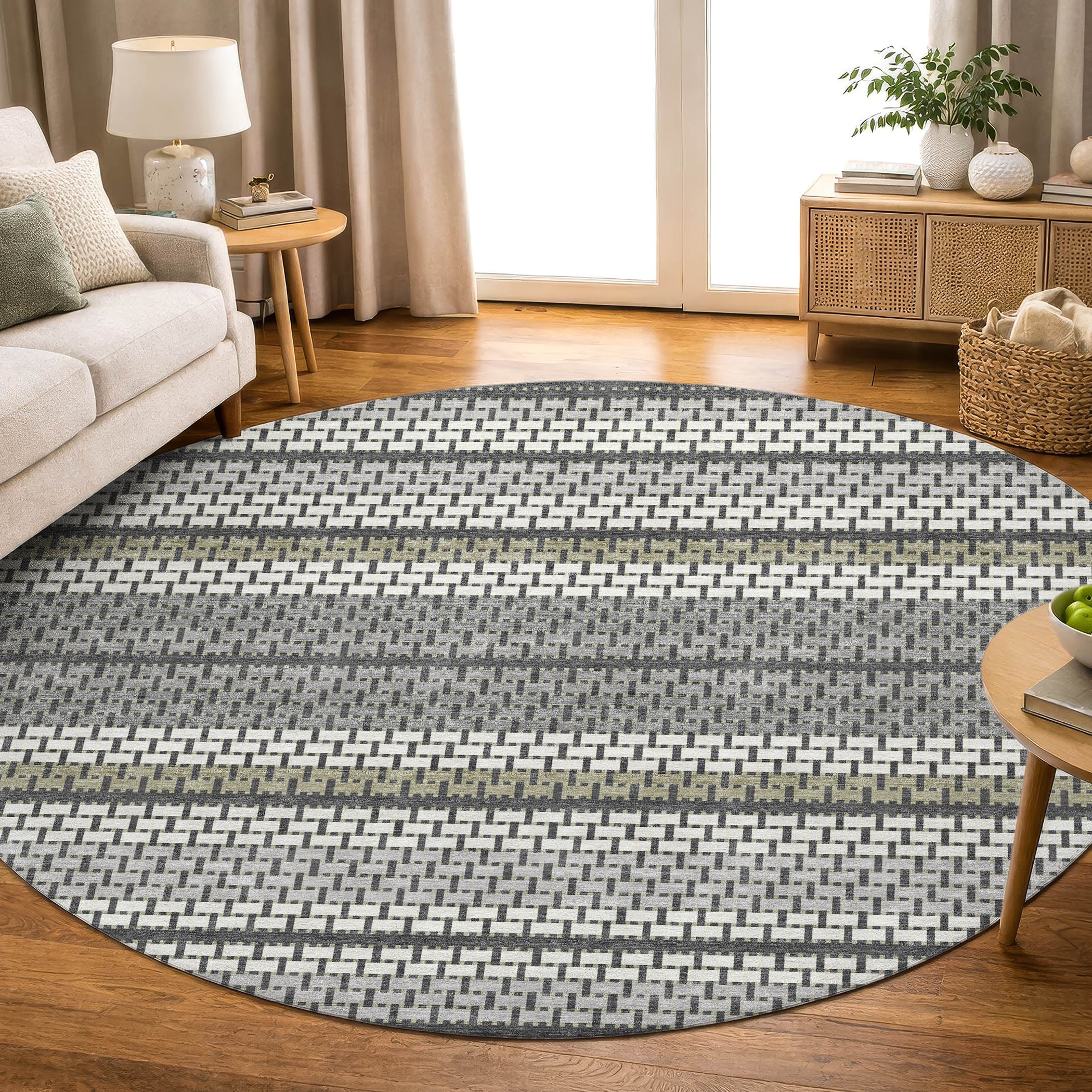 Seoul Machine Washable Transitional Gray Rug 8' x 8' #shape_Round