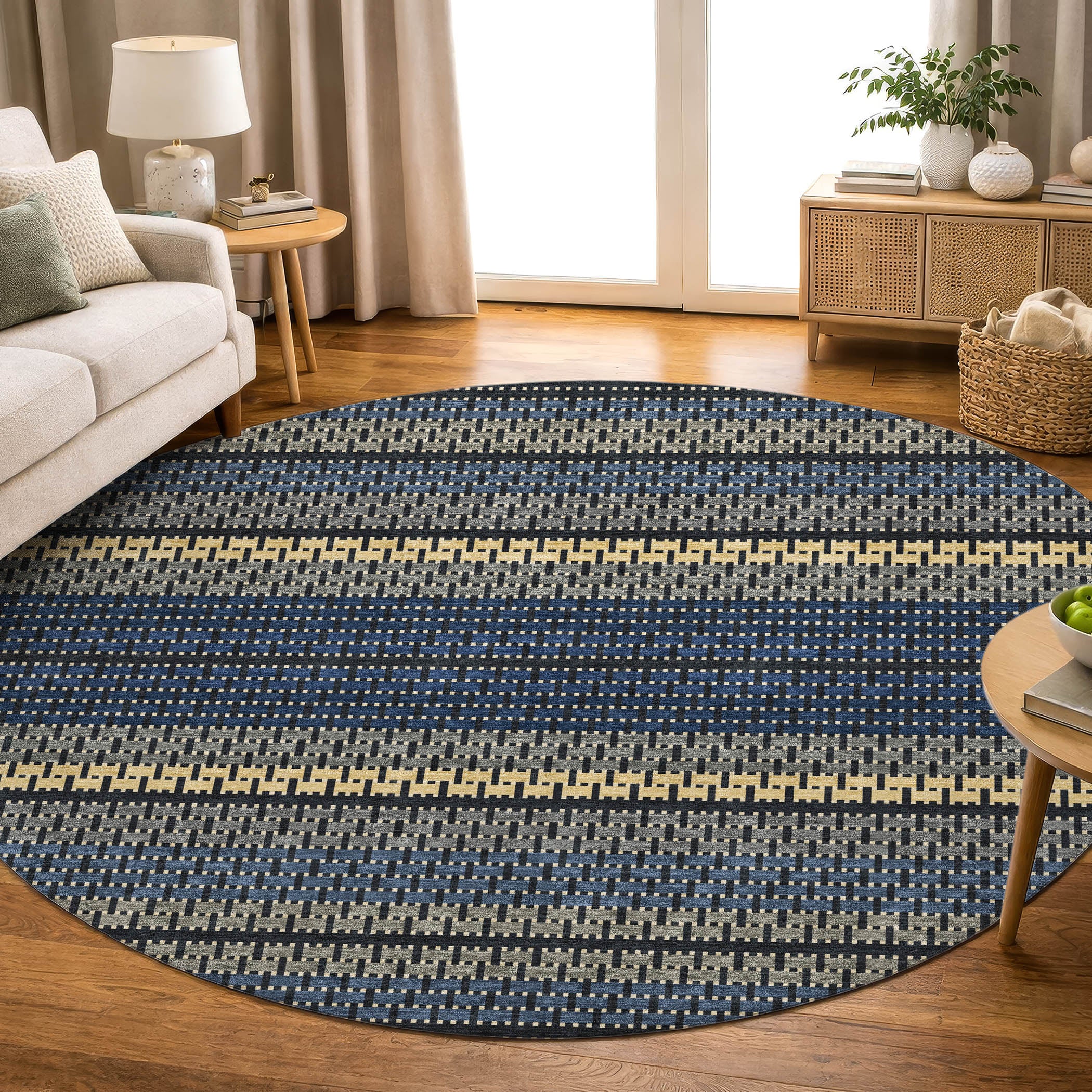 Seoul Machine Washable Transitional Navy Blue Rug 8' x 8' #shape_Round