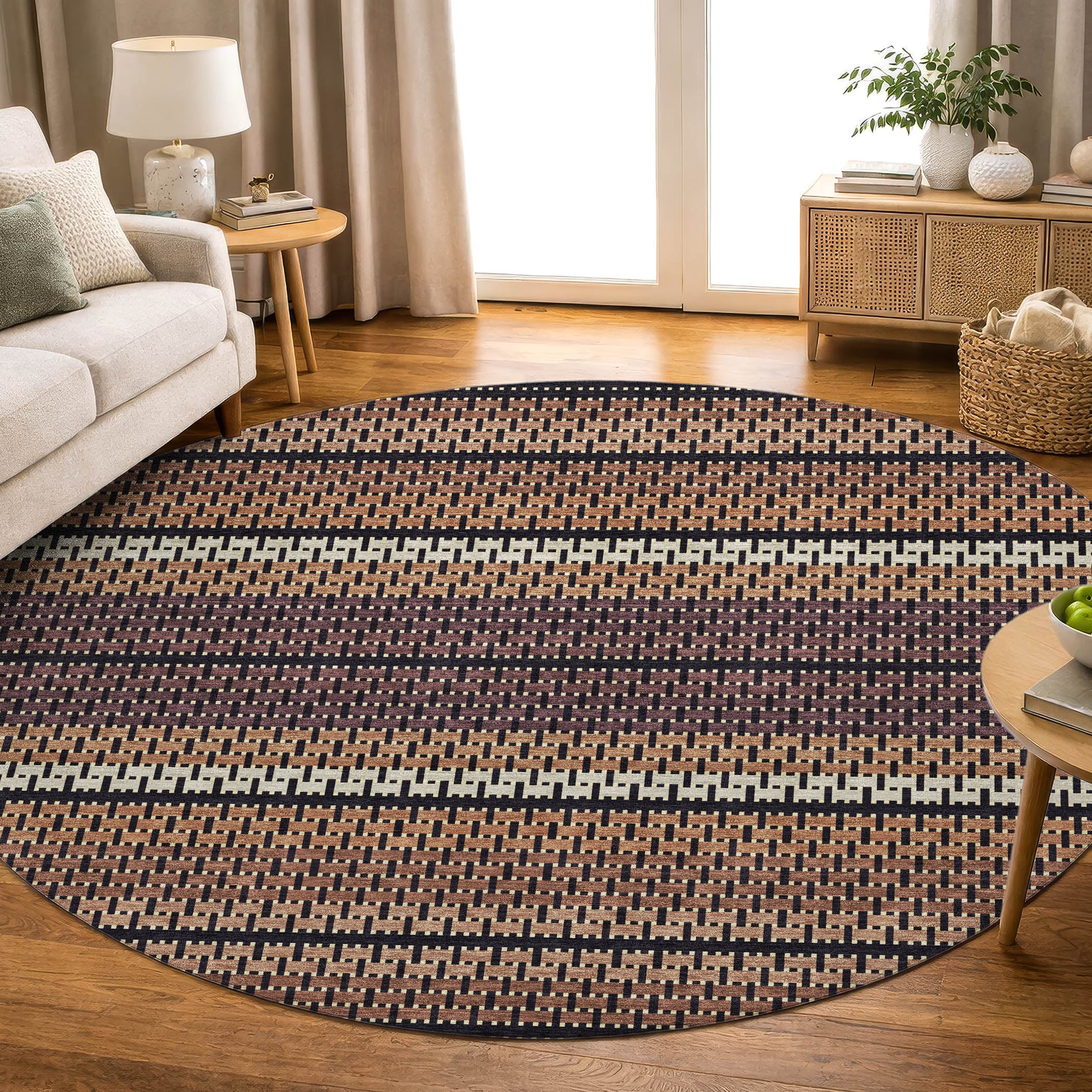 Seoul Machine Washable Transitional Paprika Orange Rug 8' x 8' #shape_Round