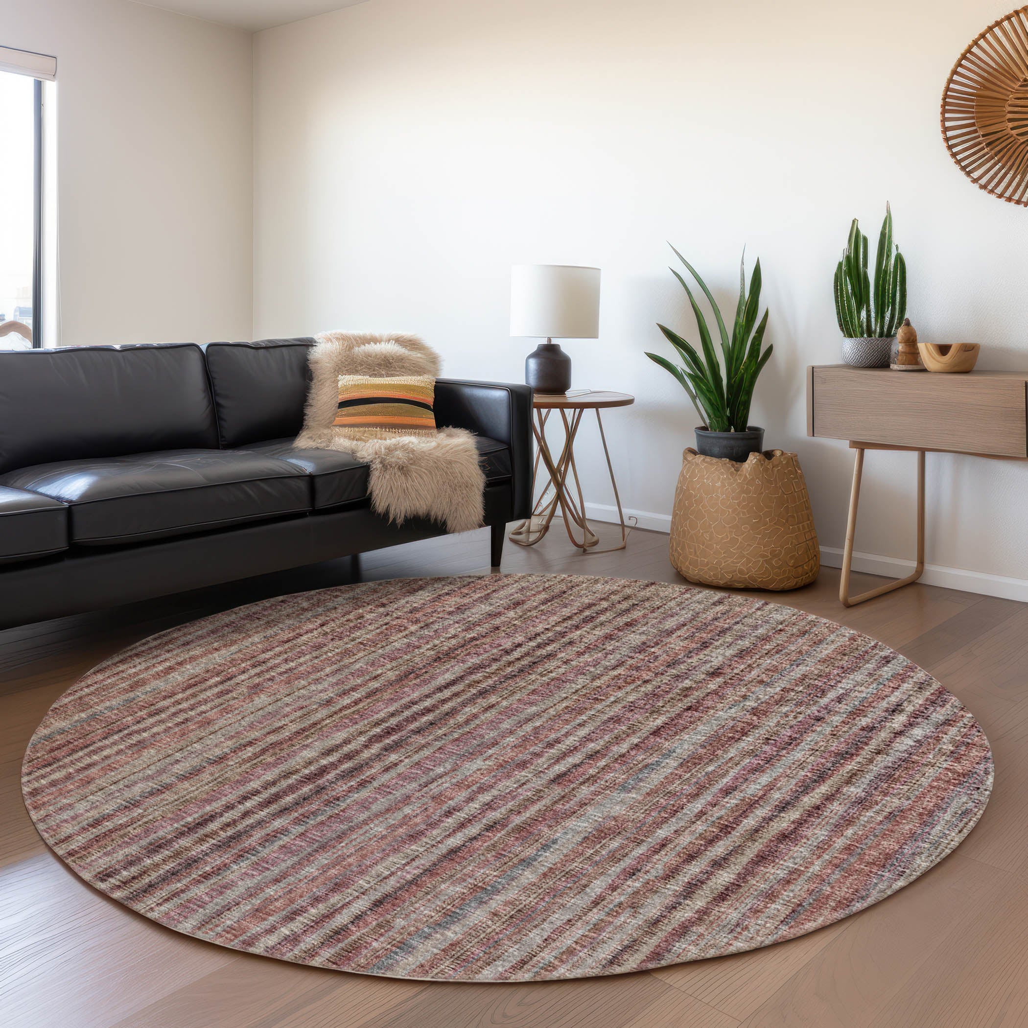 Montevideo Machine Washable Transitional Burgundy Pink Rug 8' x 8' #shape_Round