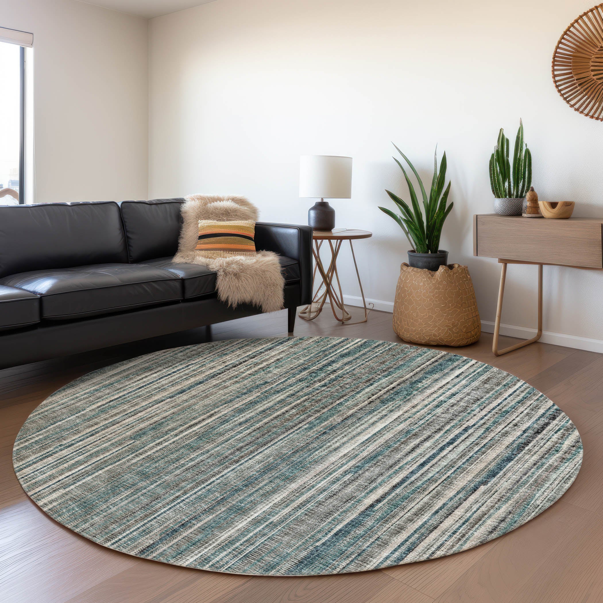 Montevideo Machine Washable Transitional Peacock Teal Rug 8' x 8' #shape_Round
