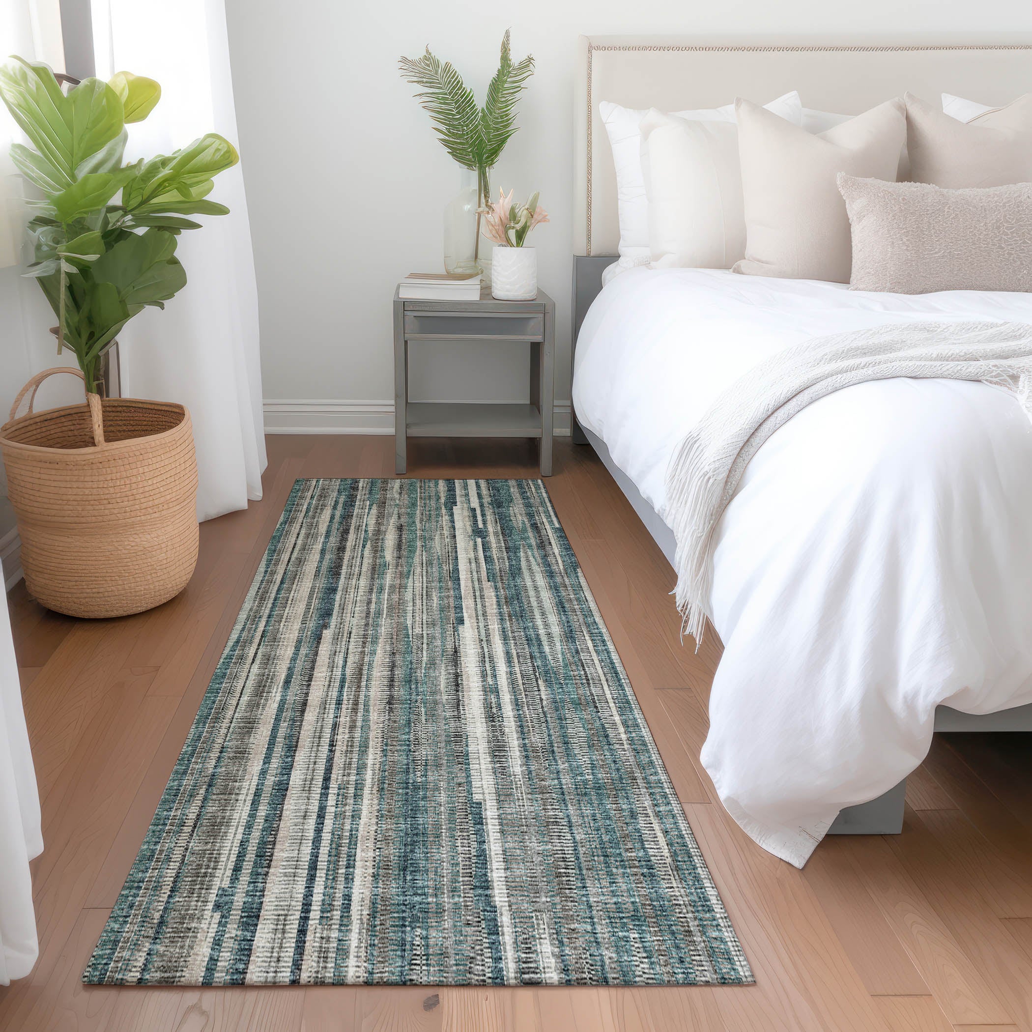 Montevideo Machine Washable Transitional Peacock Teal Rug 2'3" x 7'6" #shape_Runner