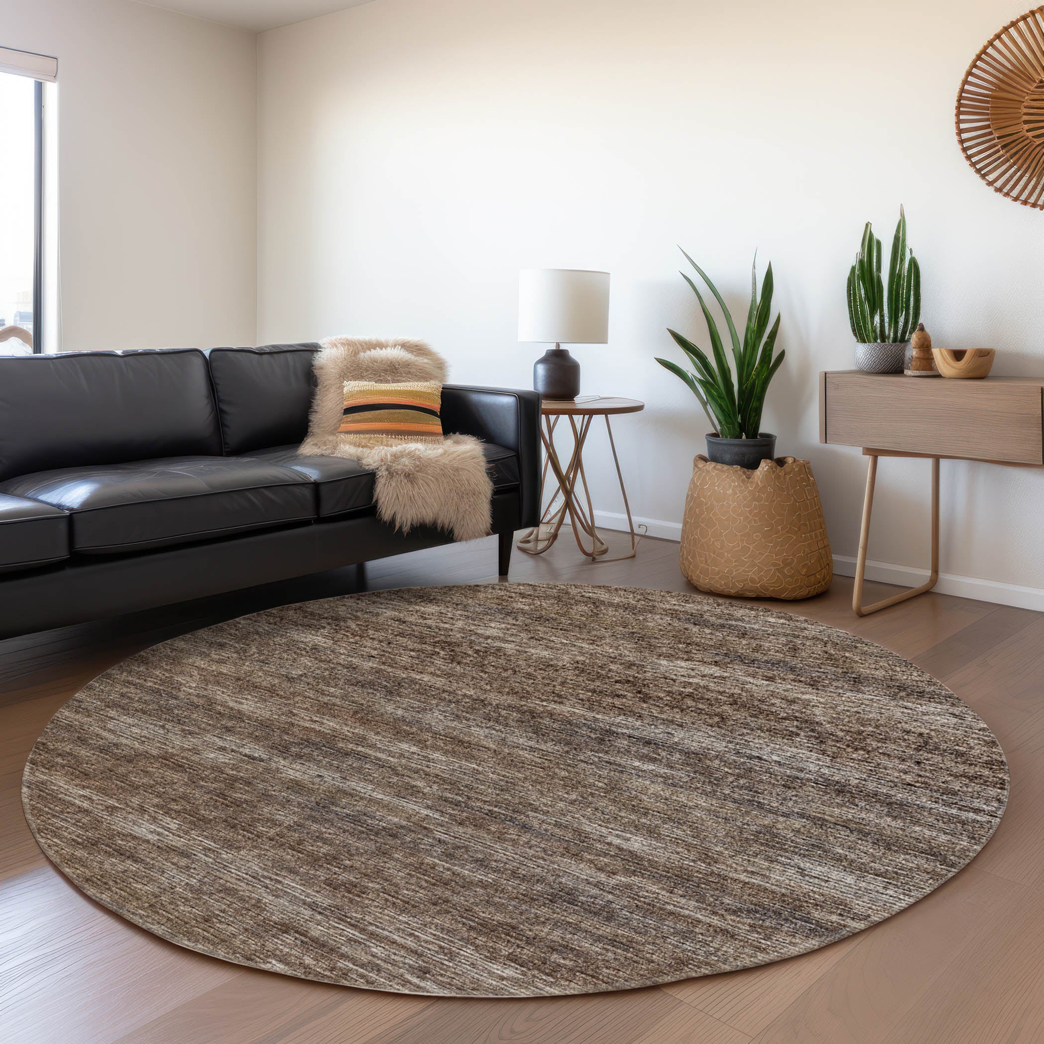 Porto Machine Washable Transitional Brown Chocolate Rug 8' x 8' #shape_Round