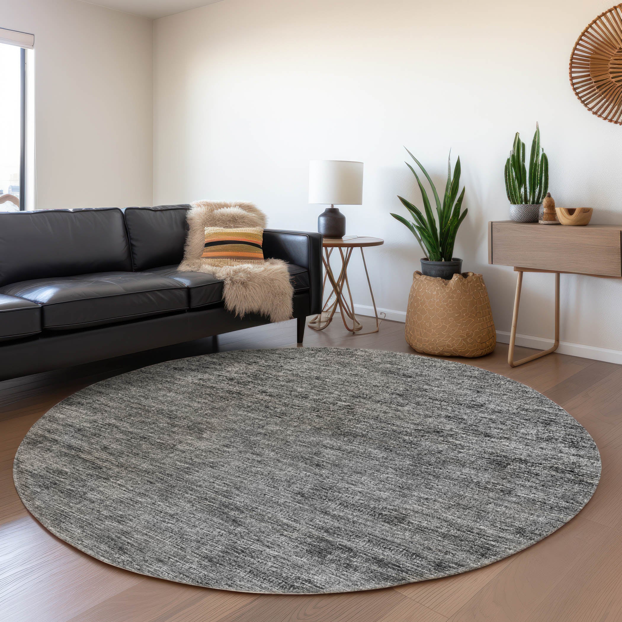Porto Machine Washable Transitional Gray Charcoal Rug 8' x 8' #shape_Round