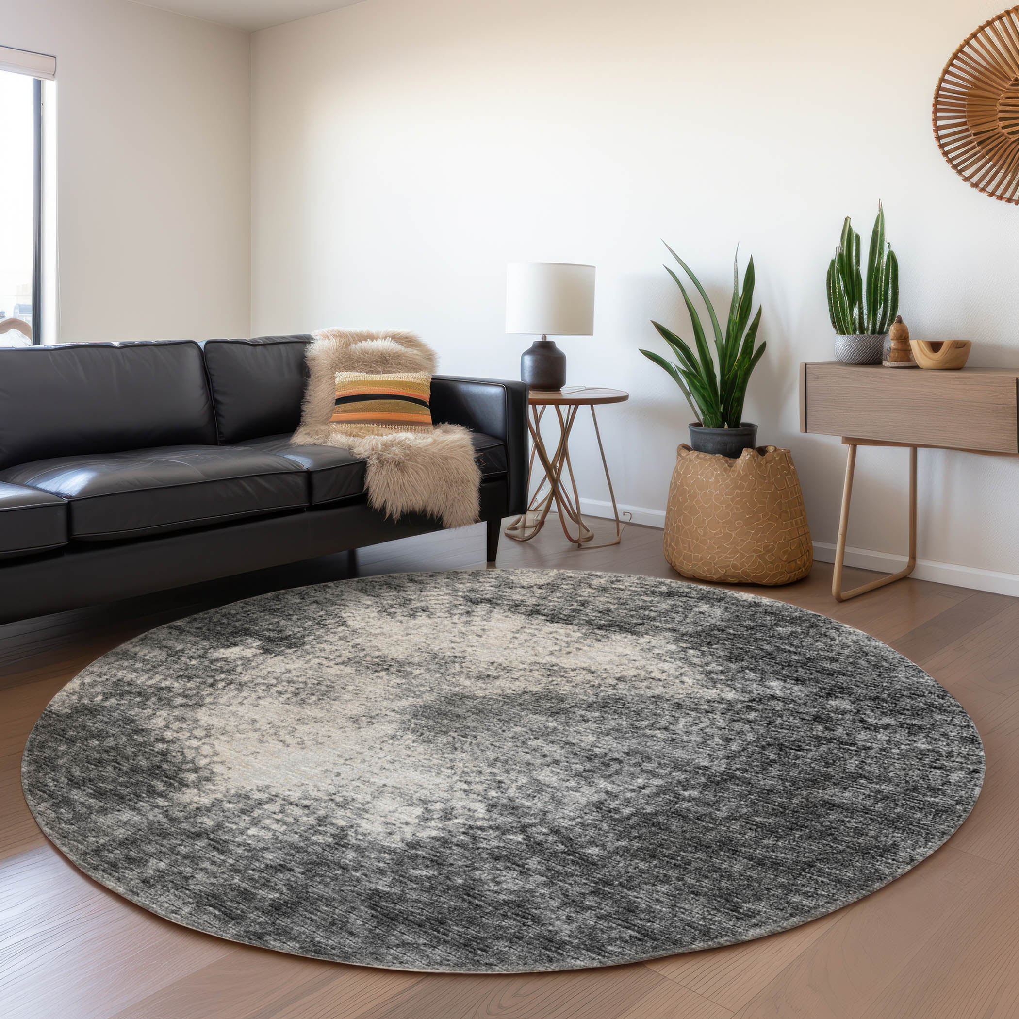 Lucerne Machine Washable Transitional Black Rug 8' x 8' #shape_Round