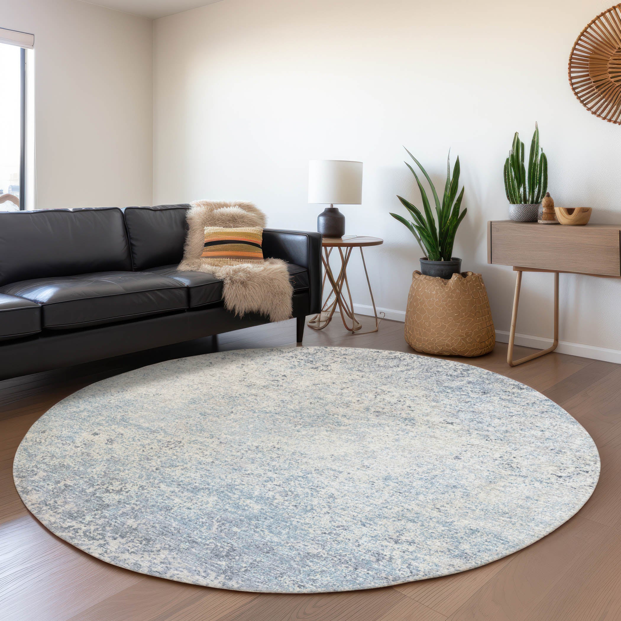 Luang Prabang Machine Washable Transitional Blue Rug 8' x 8' #shape_Round