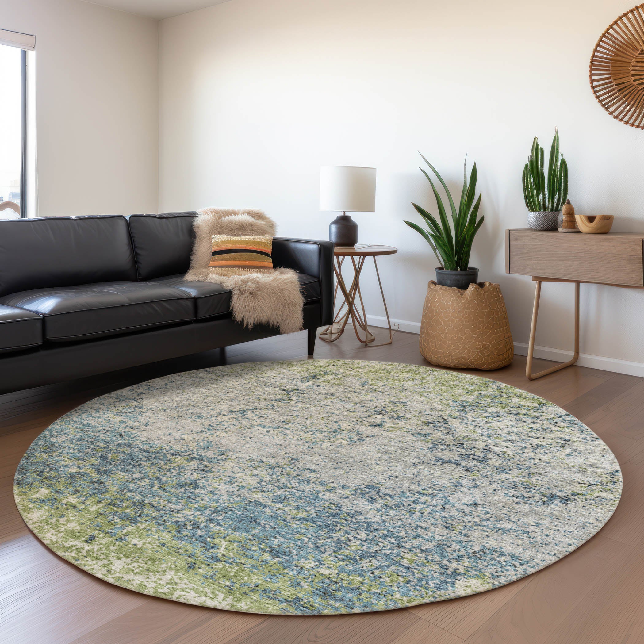 Luang Prabang Machine Washable Transitional Green Rug 8' x 8' #shape_Round