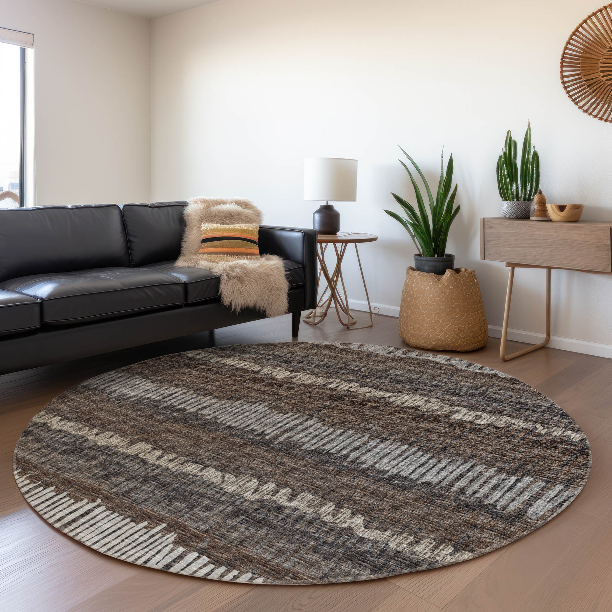Sarajevo Machine Washable Transitional Brown Rug 8' x 8' #shape_Round