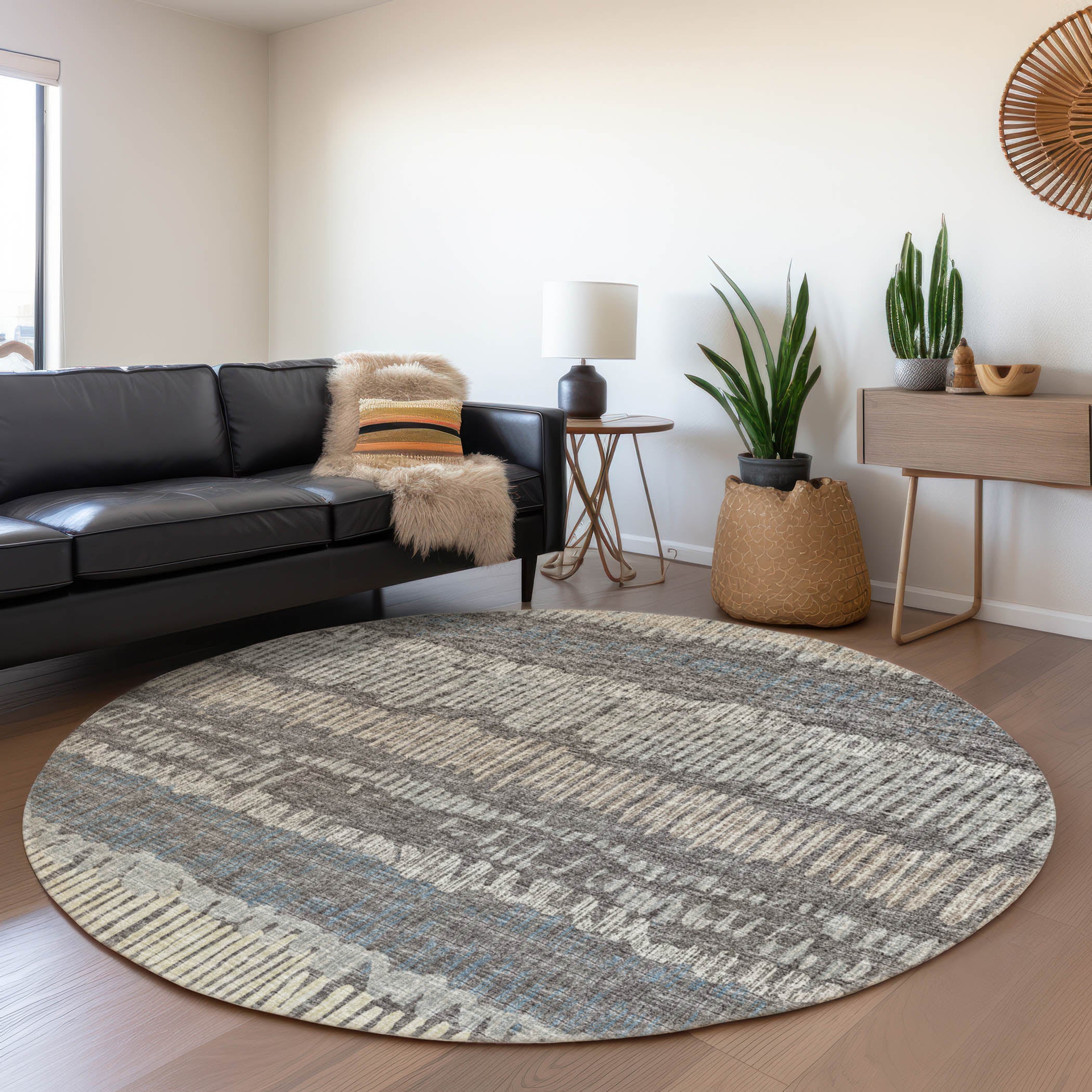 Sarajevo Machine Washable Transitional Gray Charcoal Rug 8' x 8' #shape_Round