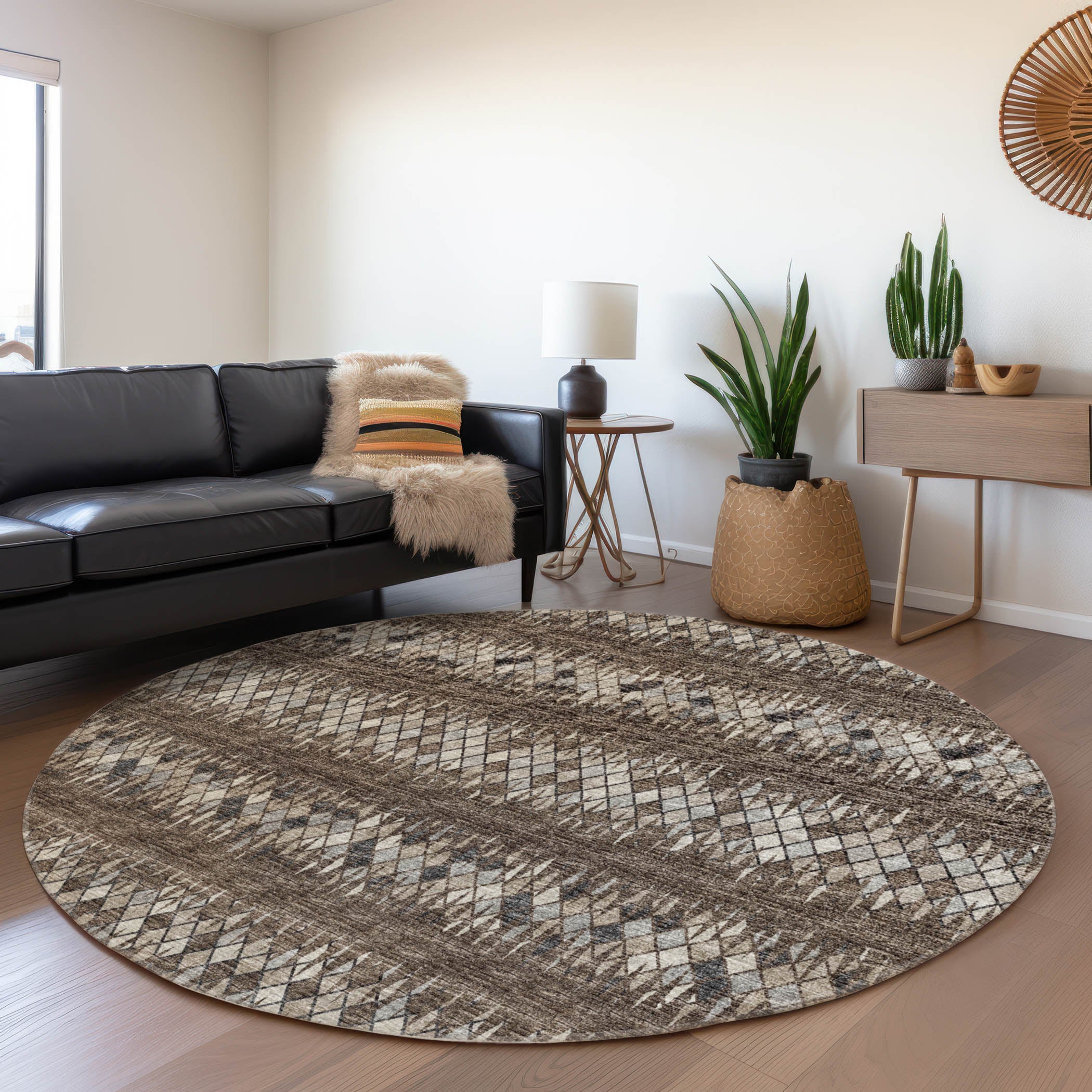 Kyoto Machine Washable Transitional Brown Chocolate Rug 8' x 8' #shape_Round