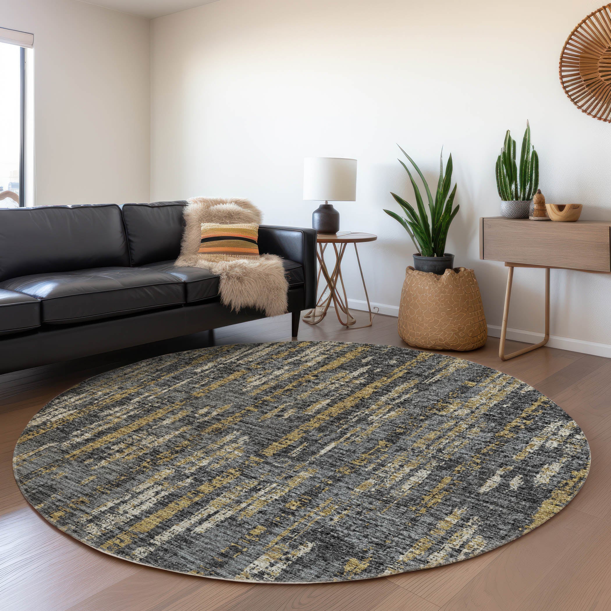 Zanzibar Machine Washable Transitional Granite Charcoal Rug 8' x 8' #shape_Round