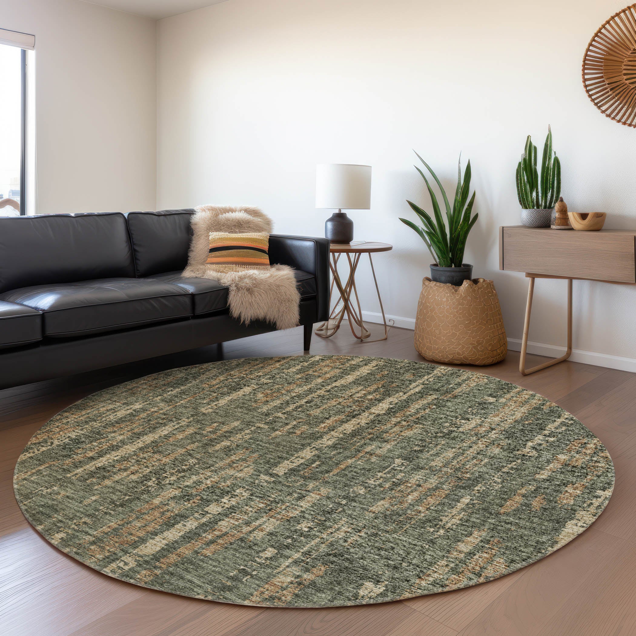 Zanzibar Machine Washable Transitional Green Rug 8' x 8' #shape_Round