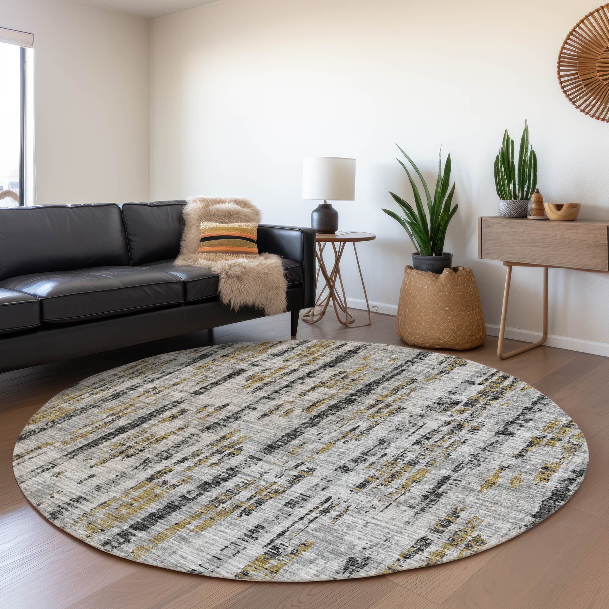 Zanzibar Machine Washable Transitional Silver Gray Rug 8' x 8' #shape_Round