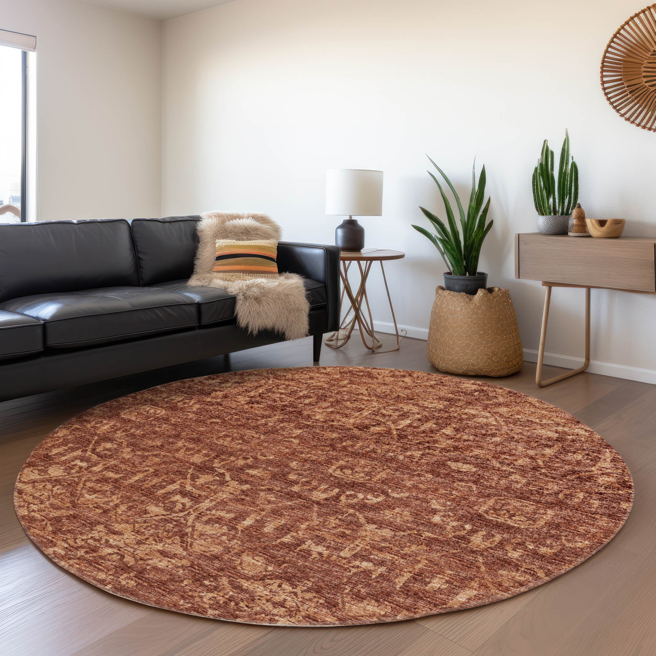 Ghent Machine Washable Traditional Clay Orange Rug 8' x 8' #shape_Round