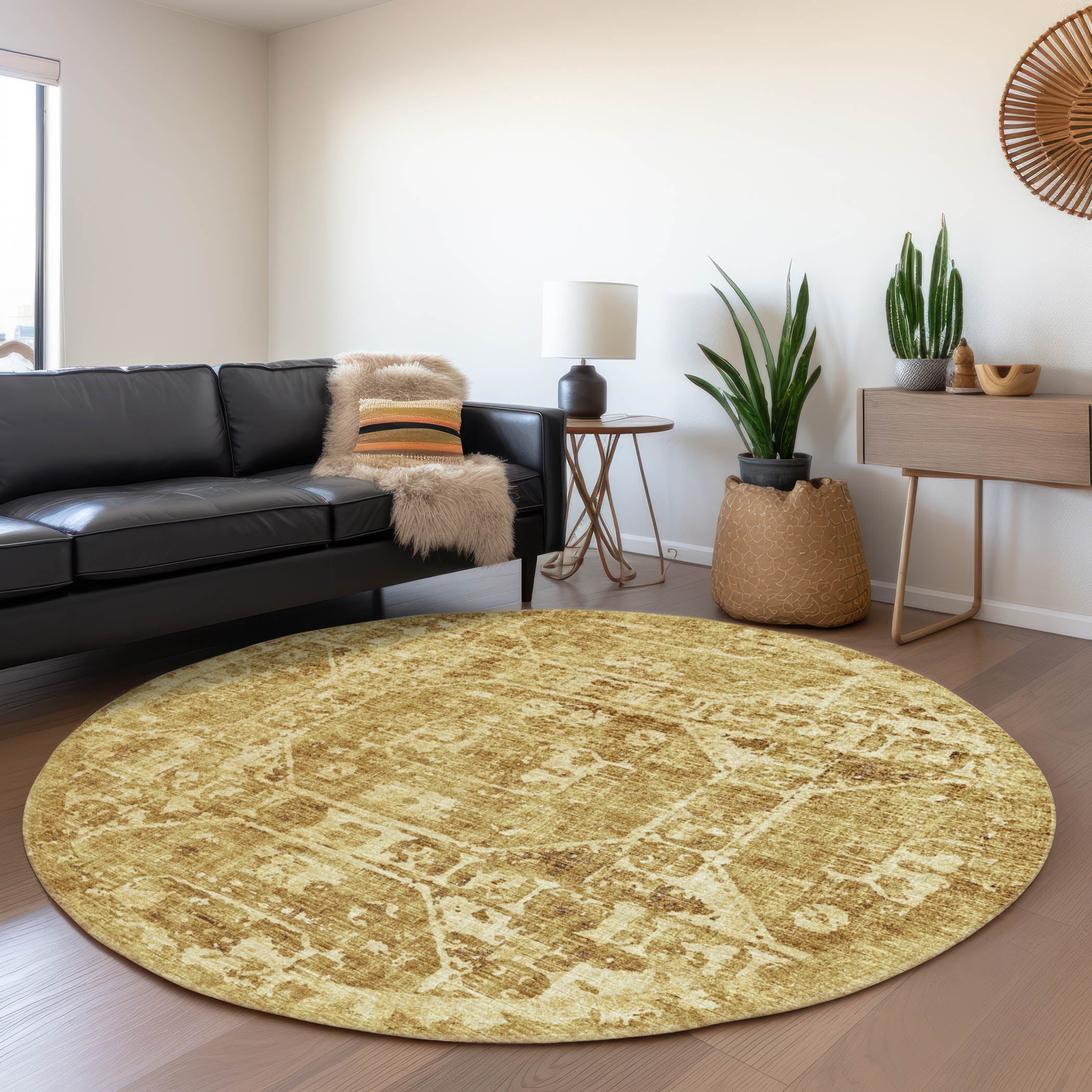 Bangkok Machine Washable Traditional Gilded Gold Rug 8' x 8' #shape_Round
