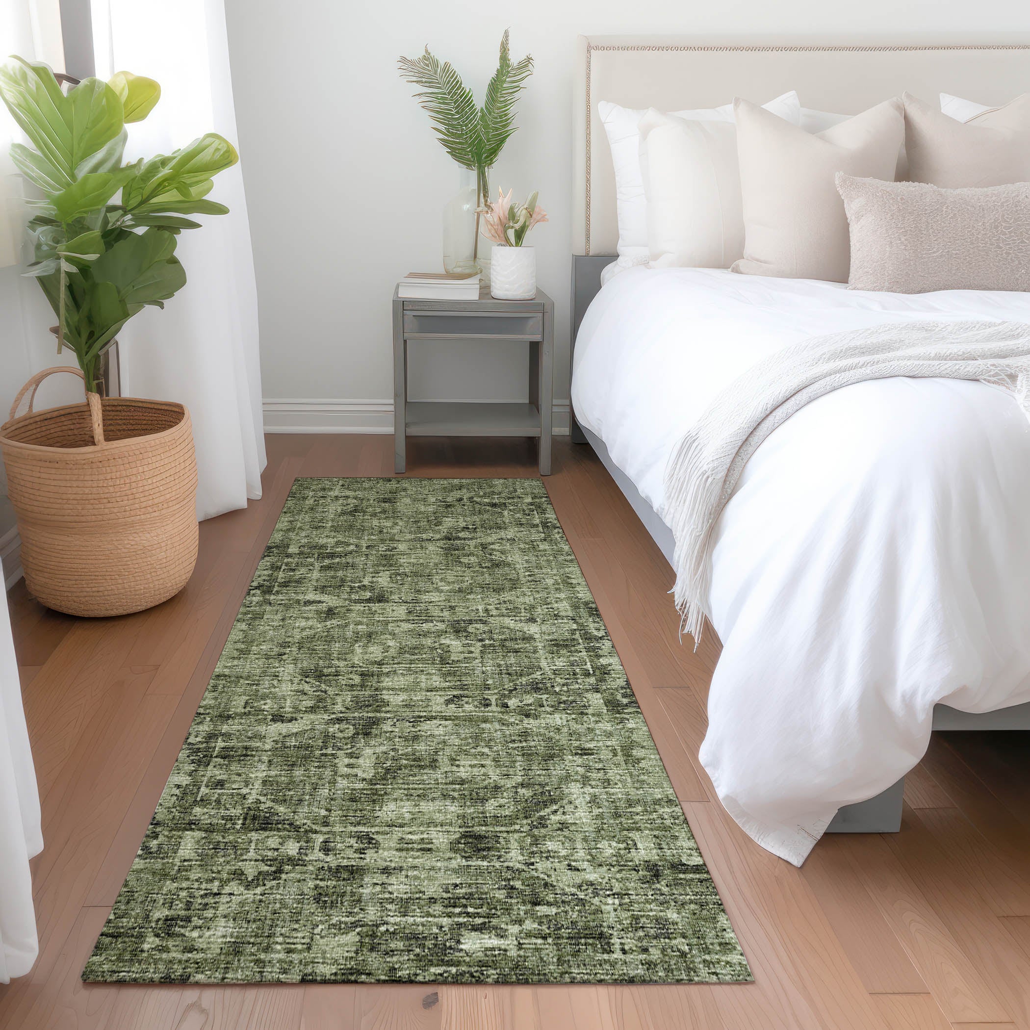 Bangkok Machine Washable Traditional Olive Green Rug 2'3" x 7'6" #shape_Runner