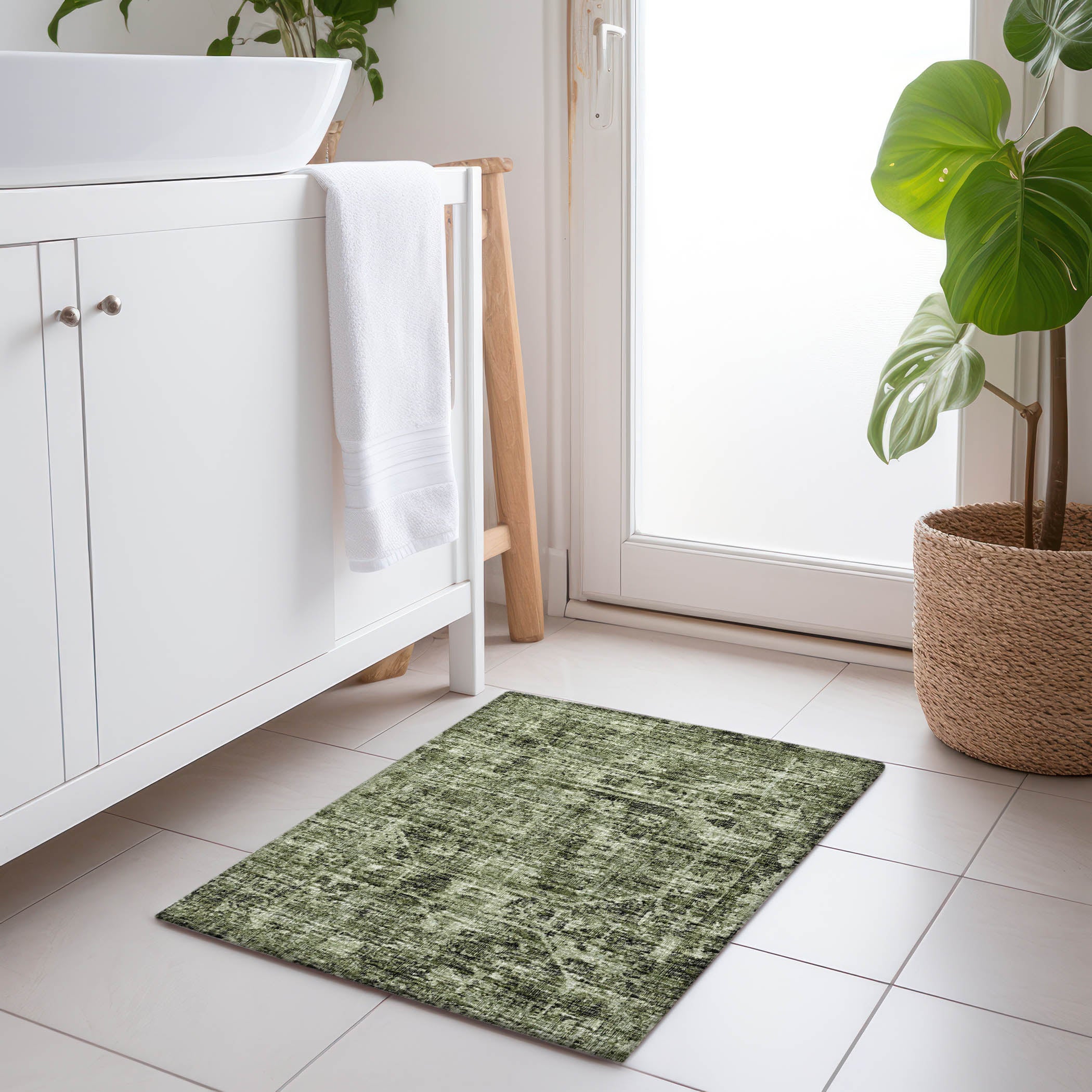 Bangkok Machine Washable Traditional Olive Green Rug 1'8" x 2'6" #shape_Rectangle