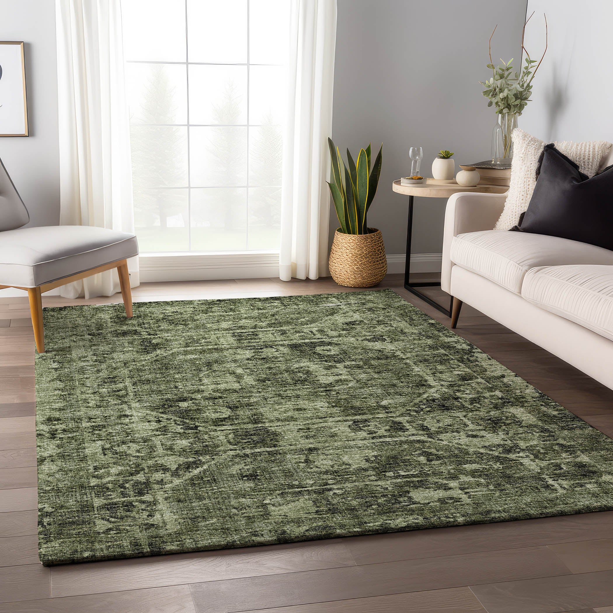 Bangkok Machine Washable Traditional Olive Green Rug 2'6" x 3'10" #shape_Rectangle