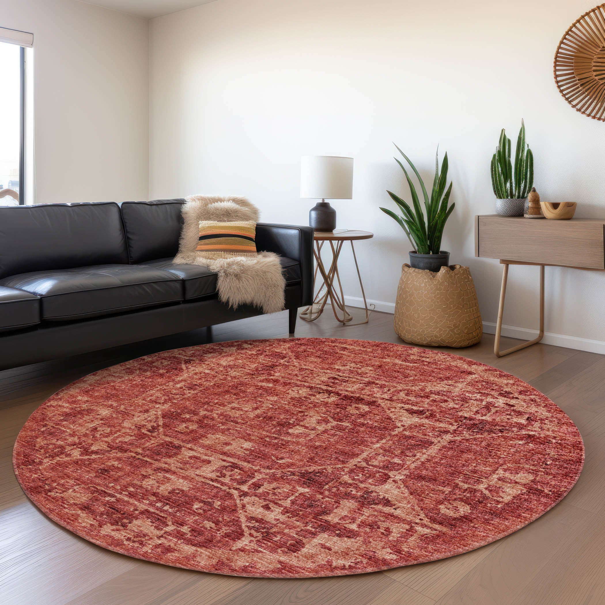 Bangkok Machine Washable Traditional Spice Red Rug 8' x 8' #shape_Round