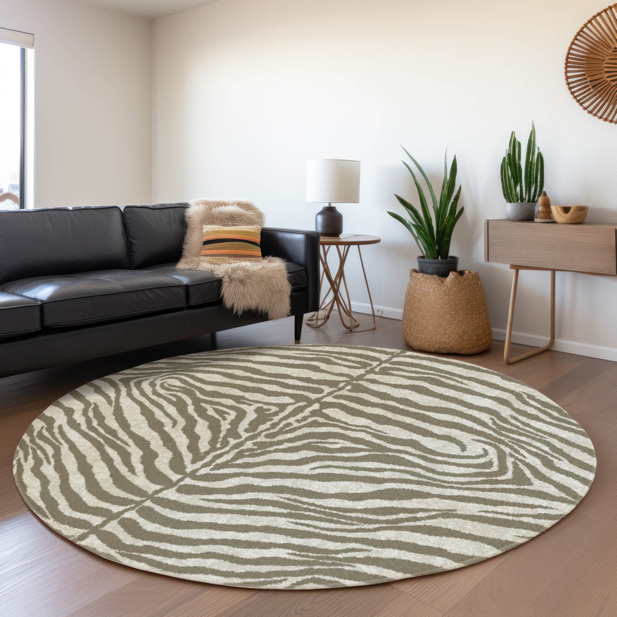 Baku Machine Washable Animal Skin Pattern Taupe Neutral Rug 8' x 8' #shape_Round