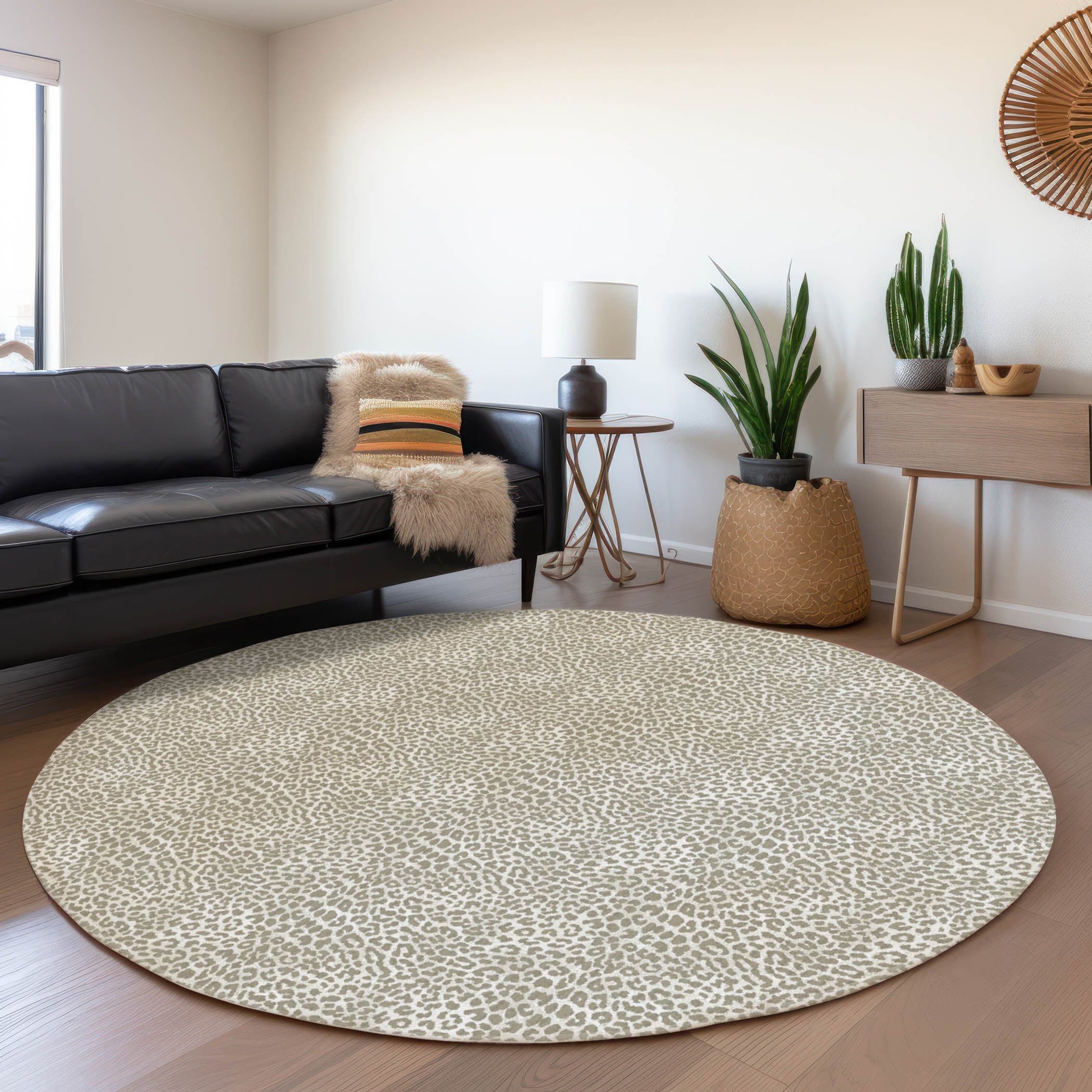Bogota Machine Washable Animal Skin Pattern Taupe Neutral Rug 8' x 8' #shape_Round