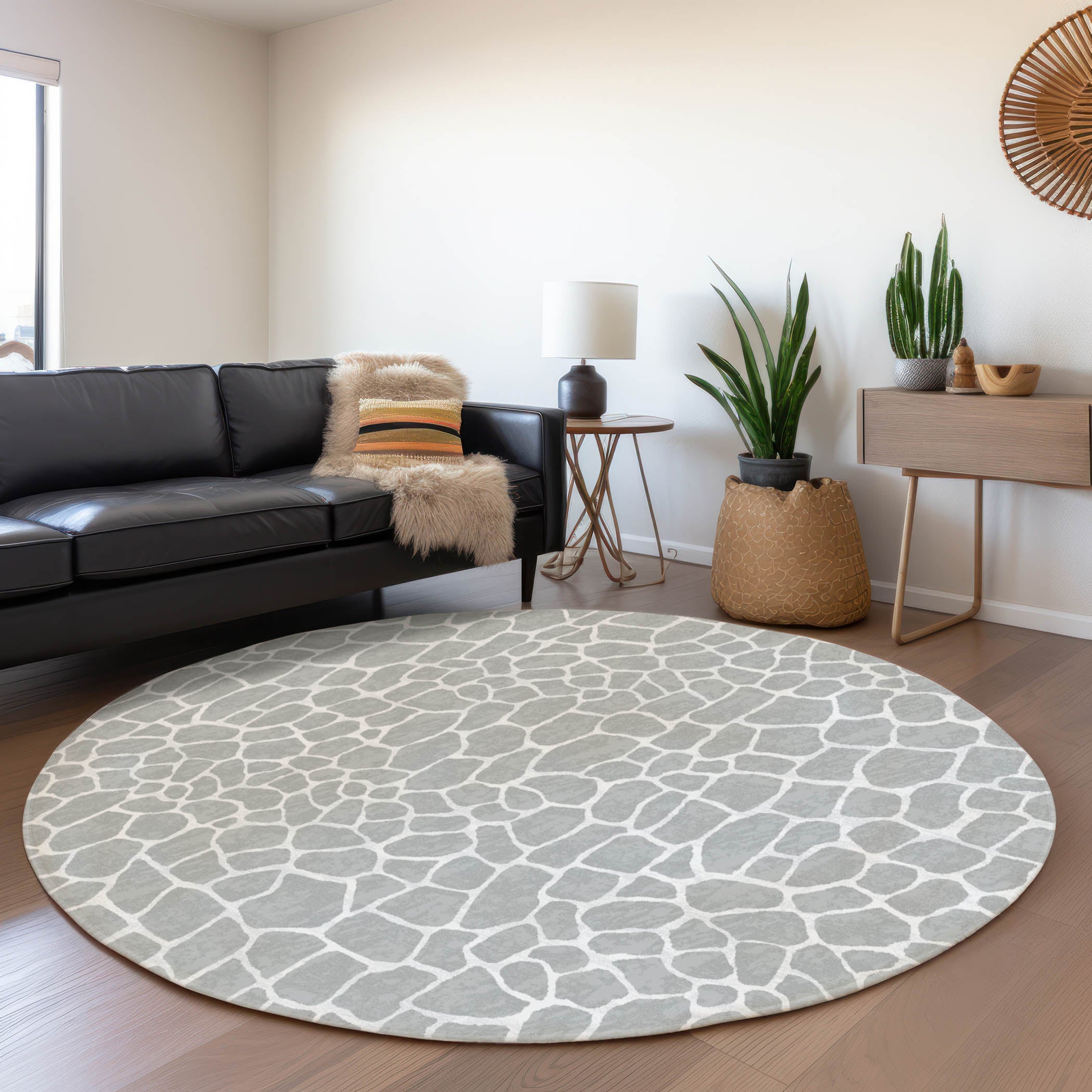 Sintra Machine Washable Animal Skin Pattern Gray Rug 8' x 8' #shape_Round