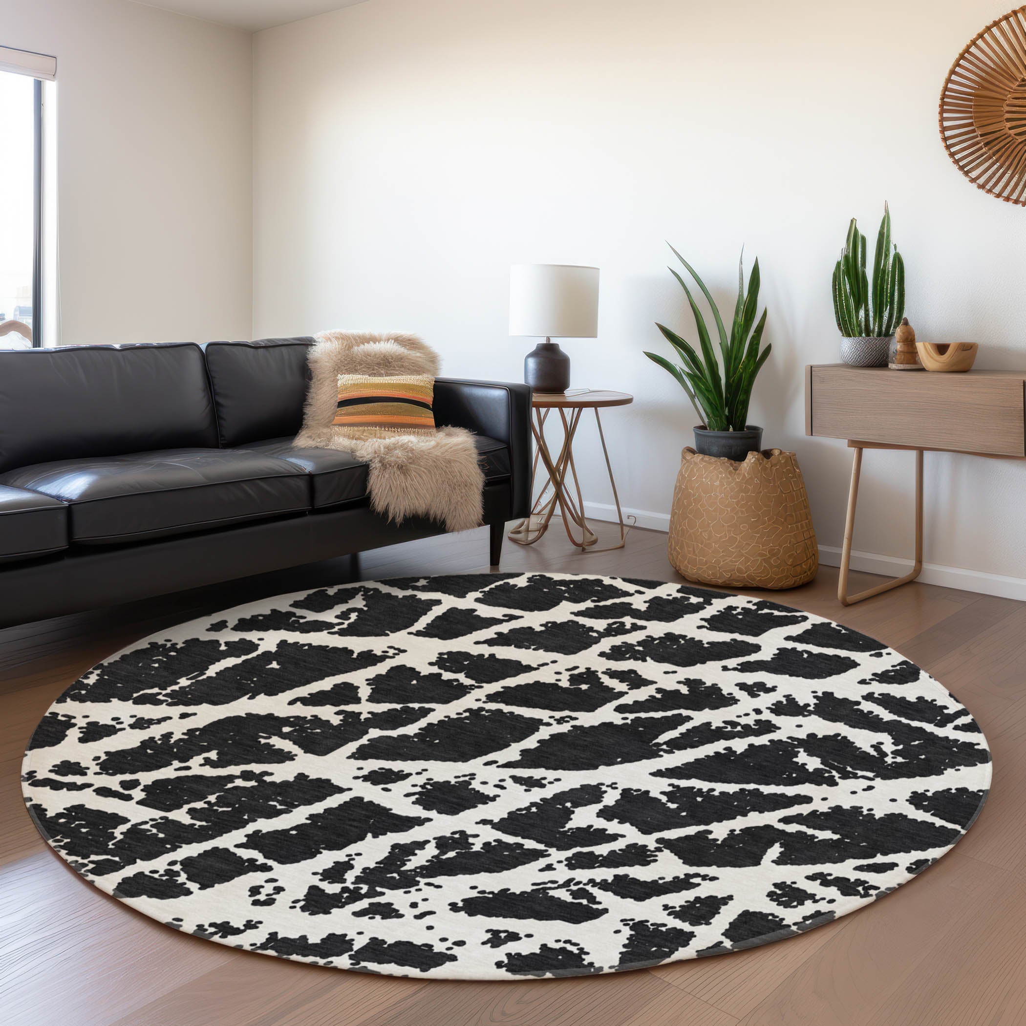Siena Machine Washable Transitional Black Rug 8' x 8' #shape_Round