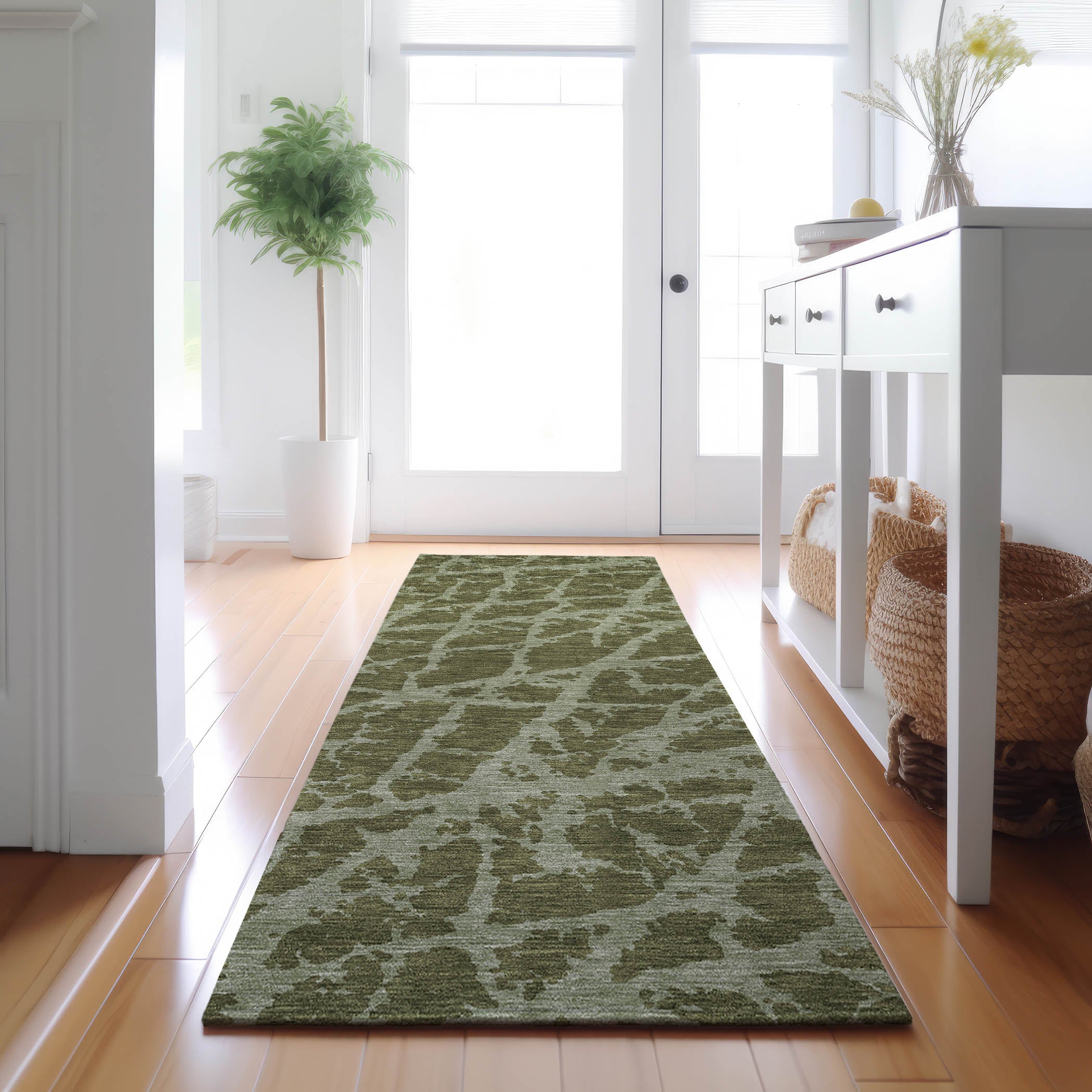 Siena Machine Washable Transitional Olive Green Rug 2'3" x 7'6" #shape_Runner