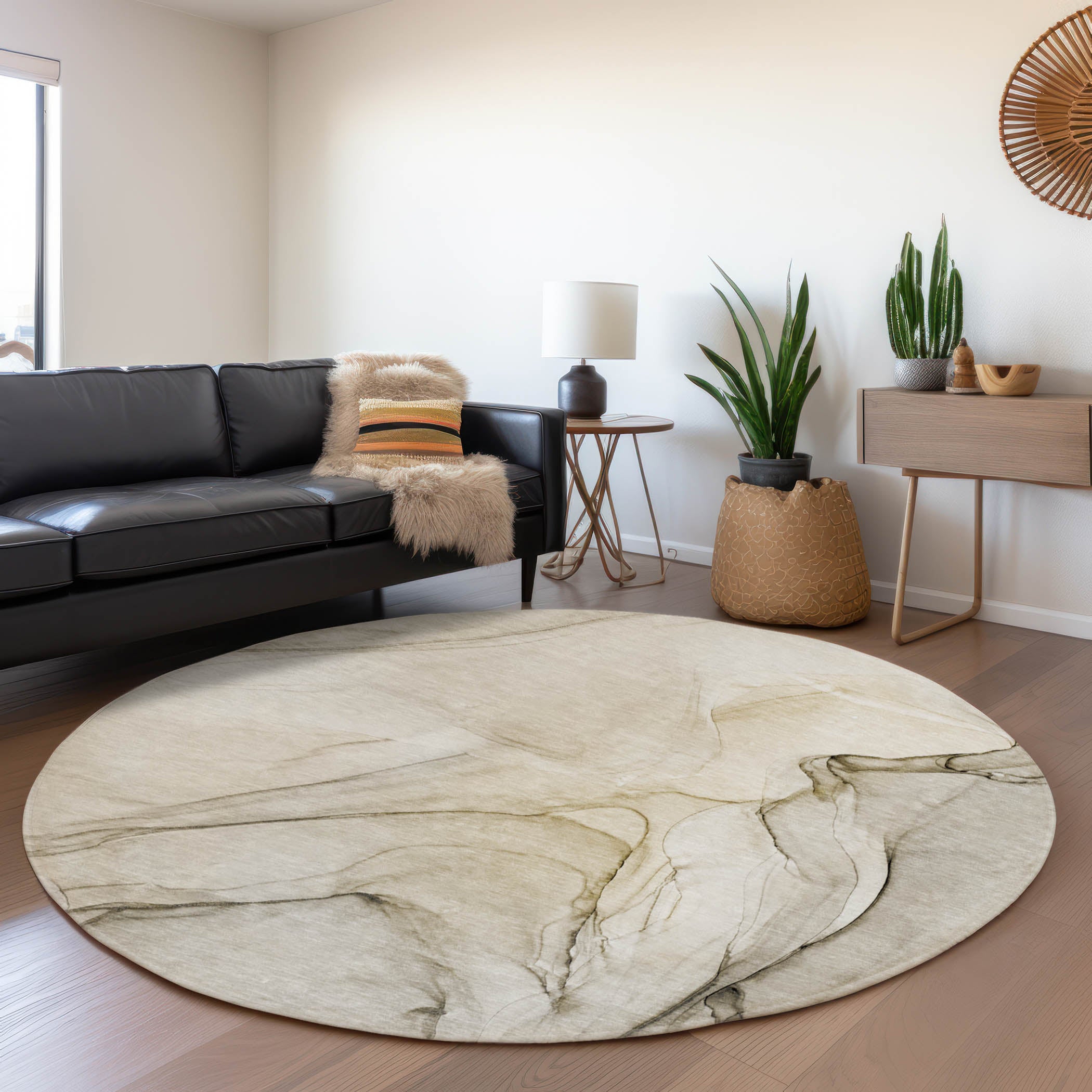 Valletta Machine Washable Transitional Beige Brown Rug 8' x 8' #shape_Round